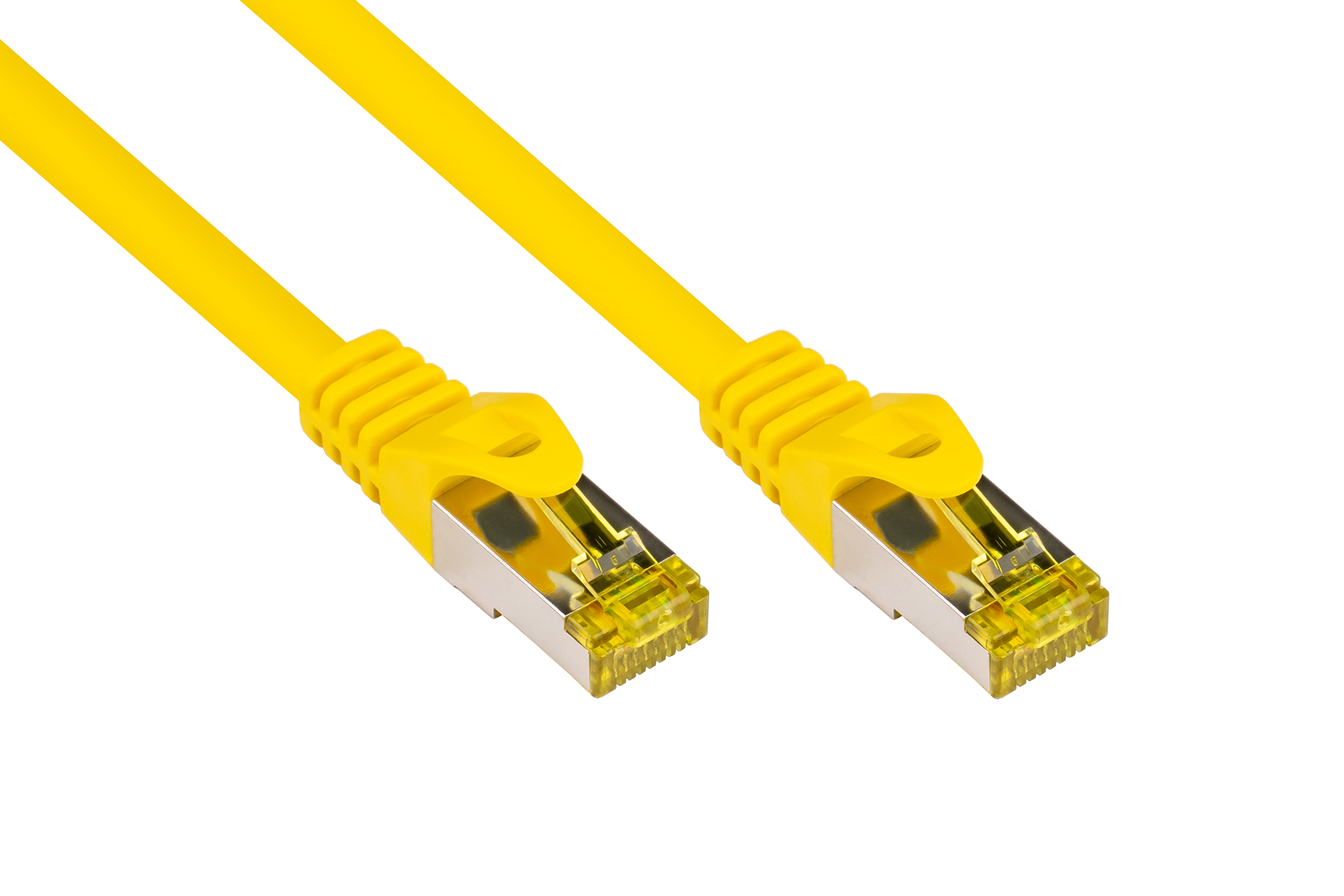 RJ45 Patchkabel mit Cat. 7 Rohkabel und Rastnasenschutz (RNS®), S/FTP, PiMF, halogenfrei, 500MHz, OFC, gelb, 30m, Good Connections®