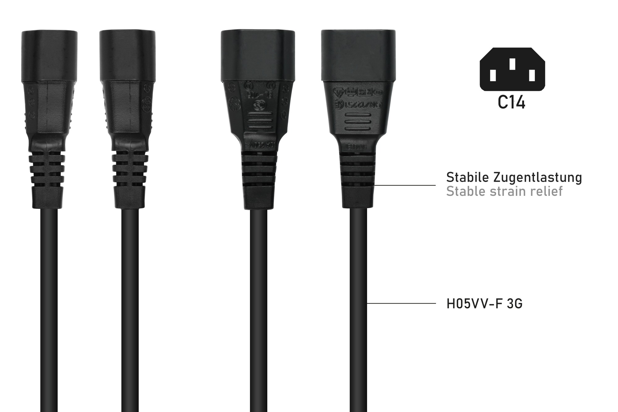 kabelmeister® Y-Kaltgeräteverlängerung Kaltgeräte-Stecker C14 an 2x Kaltgeräte-Buchse C13, schwarz, 2m