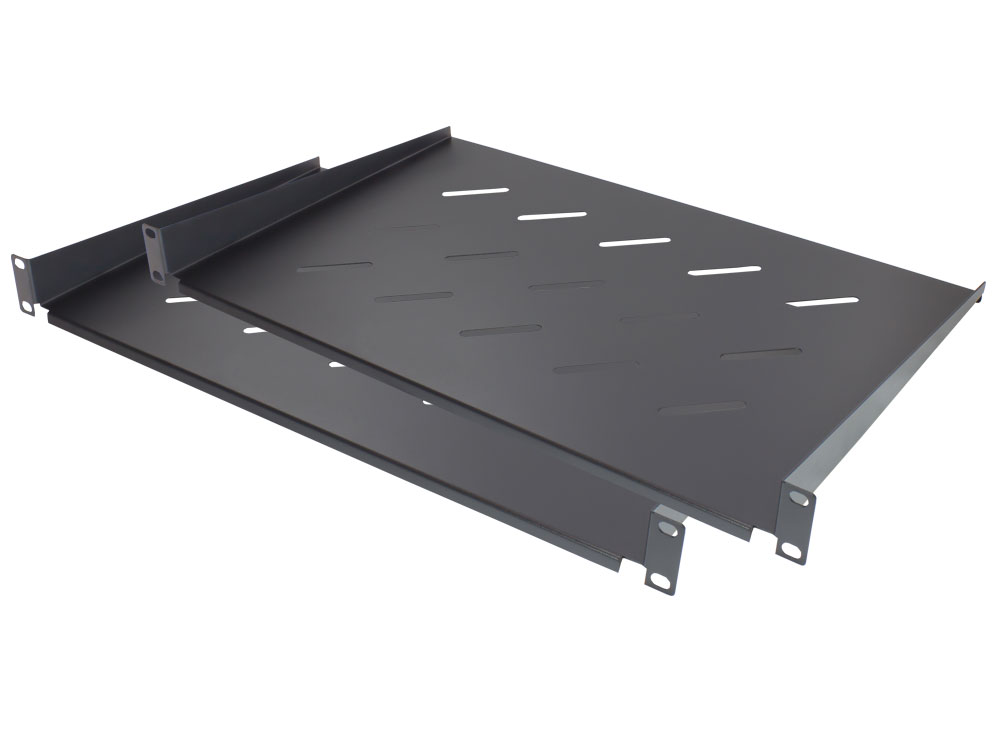 19" Shelf, front mounting, installation depth 300 mm, set of 2, deep black (RAL9005), Good Connections®