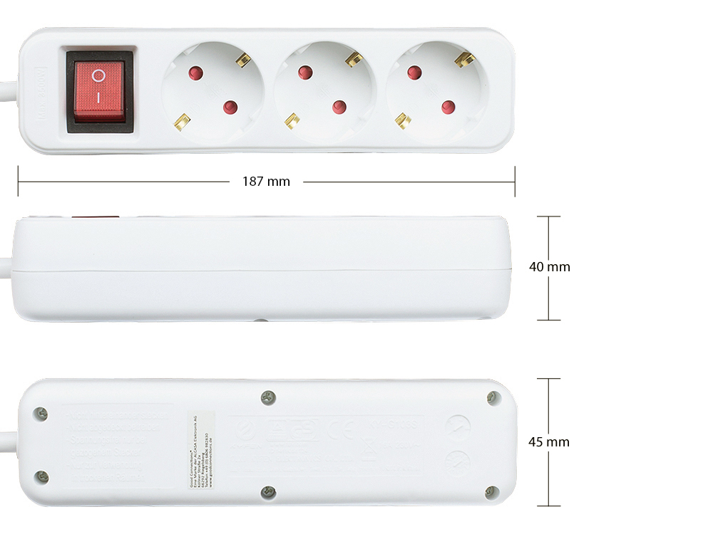 Multiple socket outlet with switch, 3-way, safety plug to 3x safety socket, white, Good Connections®