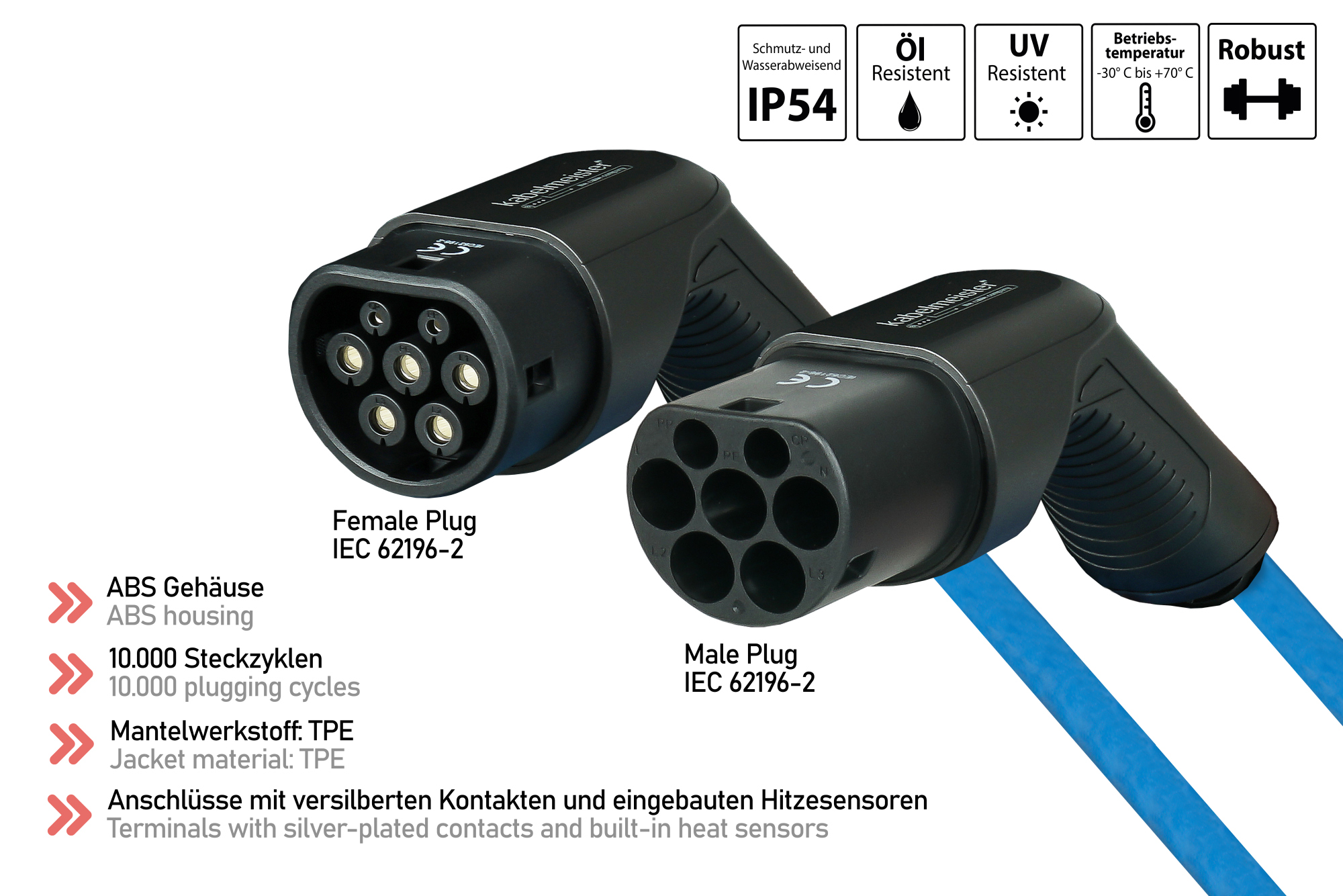 kabelmeister® Type 2 charging cable for electric and hybrid vehicles, 3-phase, 16 A, 11 kW, blue, 2.5 m