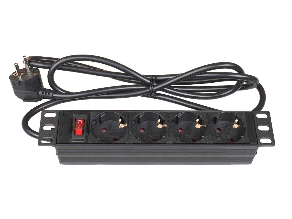 10" PDU socket strip, 1U, protective contact plug to 4x protective contact socket, switch, aluminium profile, black, Good Connections