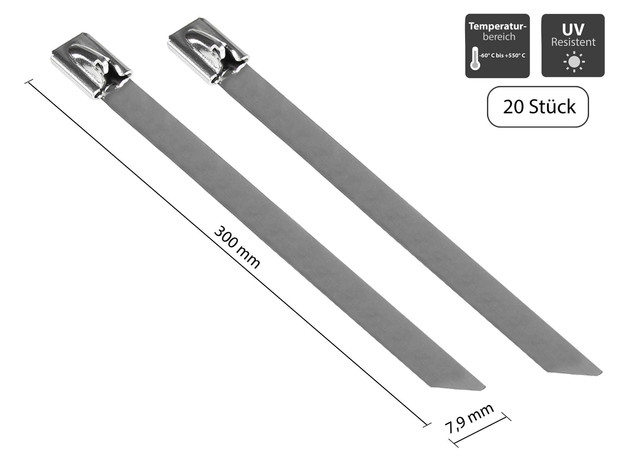 Stainless steel cable ties 300 mm x 7,9 mm, -60 °C to +550 °C, 20 pieces, Good Connections®