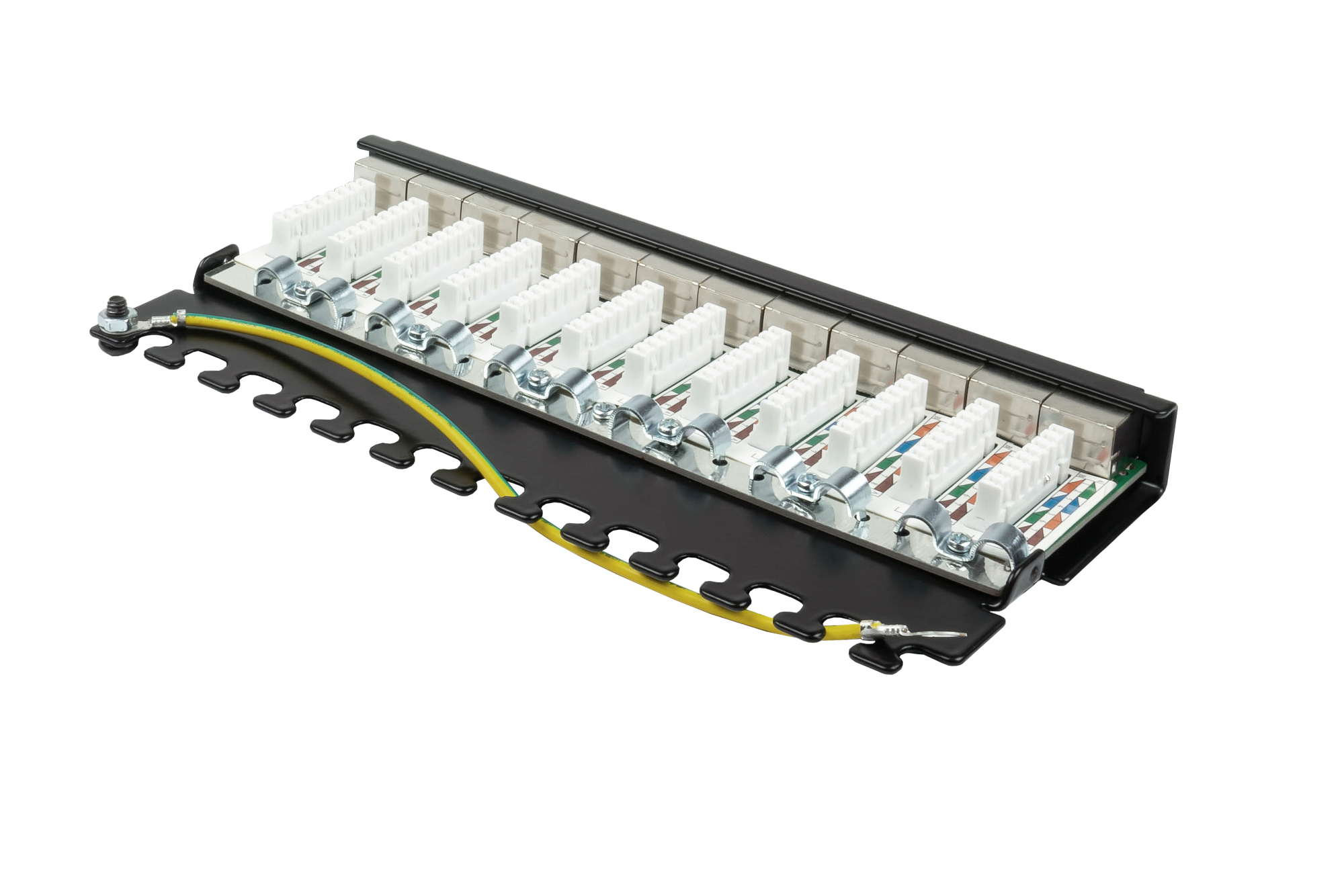 Patch Panel Desktop Cat. 6A, 12-port, 0,5 U, STP shielded, toolless opening, deep black (RAL9005), Good Connections®