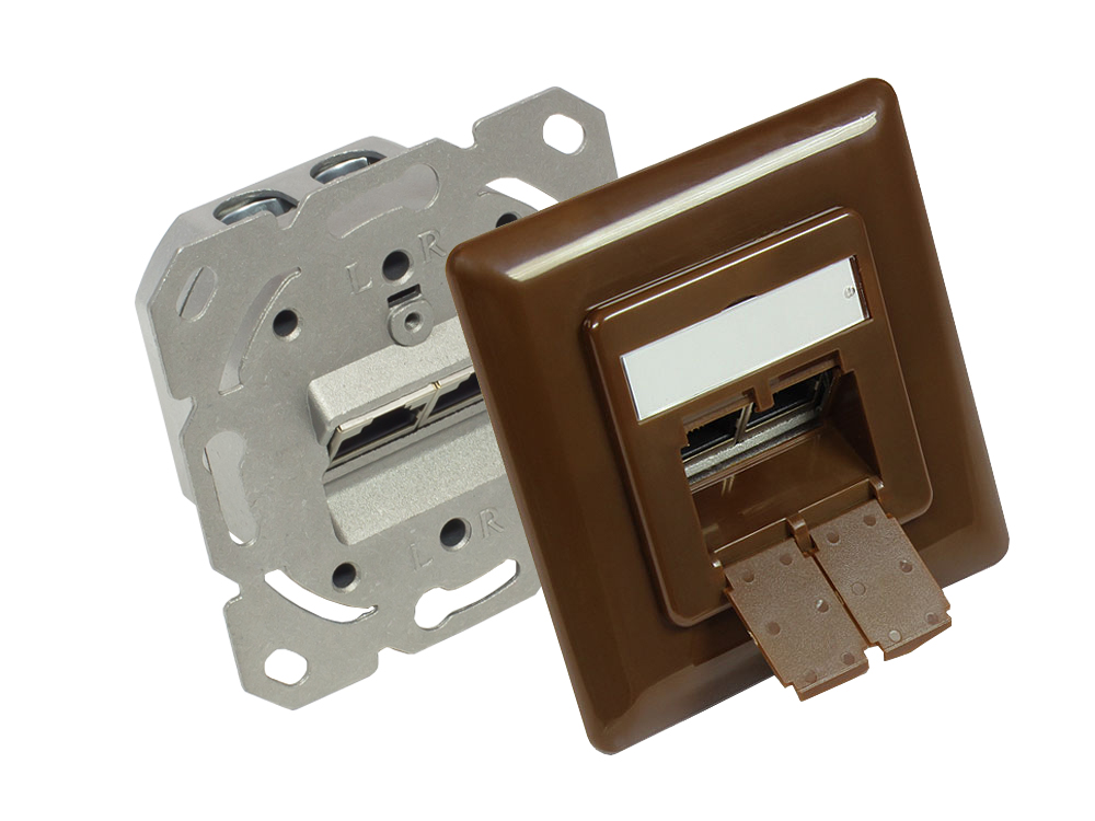 Netzwerkdose Cat. 6A, 2xRJ45, geschirmt, Unterputzdose, inkl. Zentralstück und Abdeckrahmen, nussbraun RAL8011, Good Connections