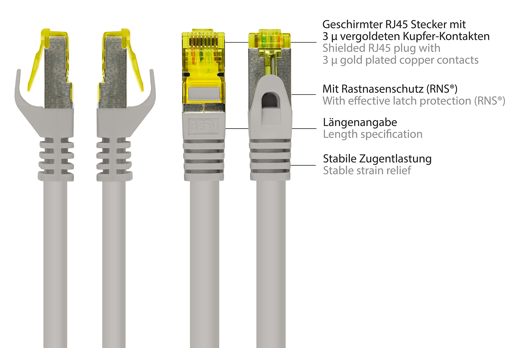RJ45 Patchkabel mit Cat. 7 Rohkabel und Rastnasenschutz (RNS®), S/FTP, PiMF, halogenfrei, 500MHz, OFC, grau, 1m, Good Connections®