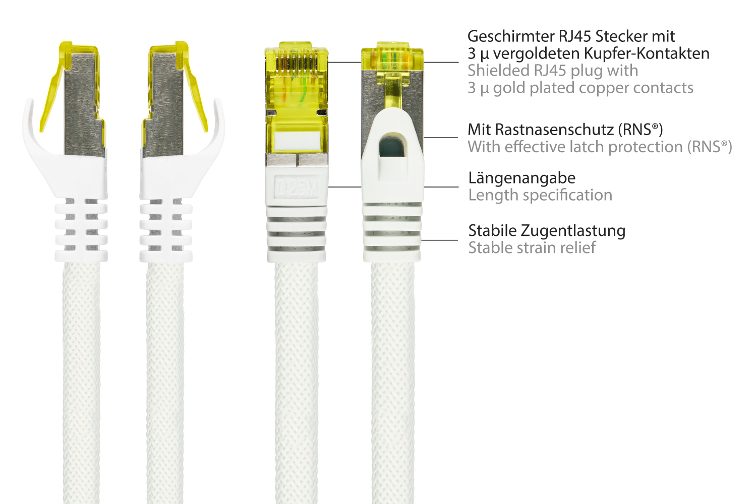 Python® Series RJ45 Patchkabel mit Cat. 7 Rohkabel, Rastnasenschutz (RNS®) und Nylongeflecht, S/FTP, PiMF, halogenfrei, 500MHz, OFC, weiß, 3m