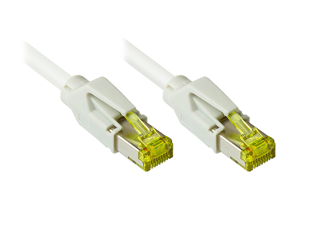 Patchkabel mit Cat. 7 Draka UC900 Rohkabel (900MHz) und Hirose TM31 Stecker (500MHz) beidseitig, S/FTP, PiMF, halogenfrei (LSZH), KUPFER, weiß, 8m