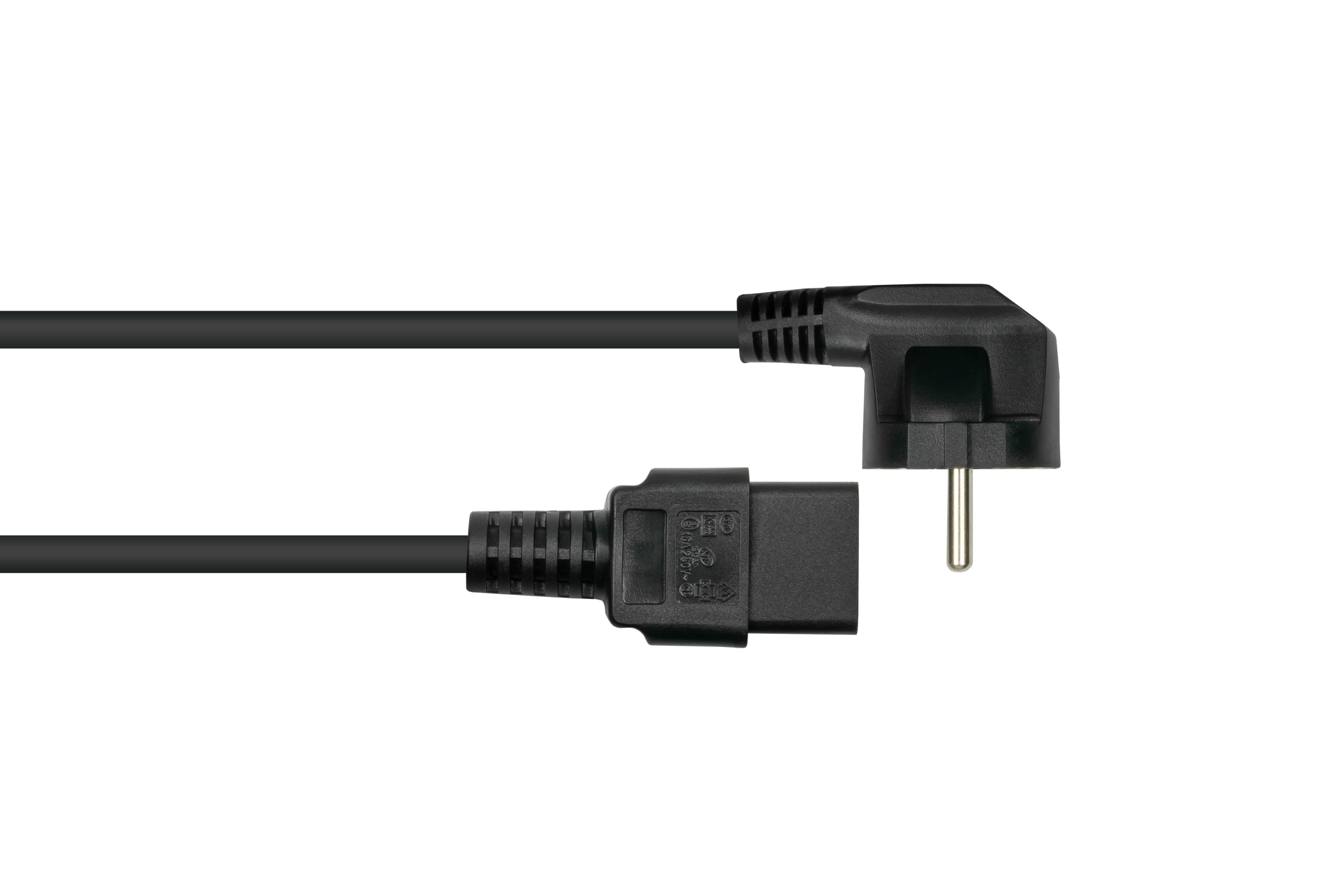 kabelmeister® Netzkabel Schutzkontakt-Stecker Typ E+F (90° gew.) an Kaltgeräte-Buchse C19, schwarz, 1,50mm², 3m