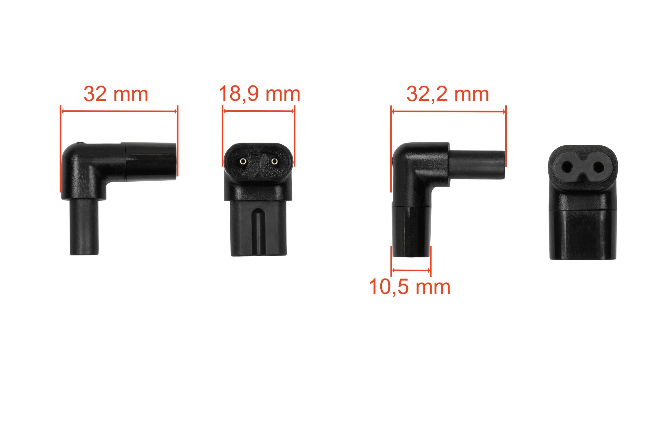 kabelmeister® power adapter plug C8 to C7/Euro 8 socket, angled top/bottom, black