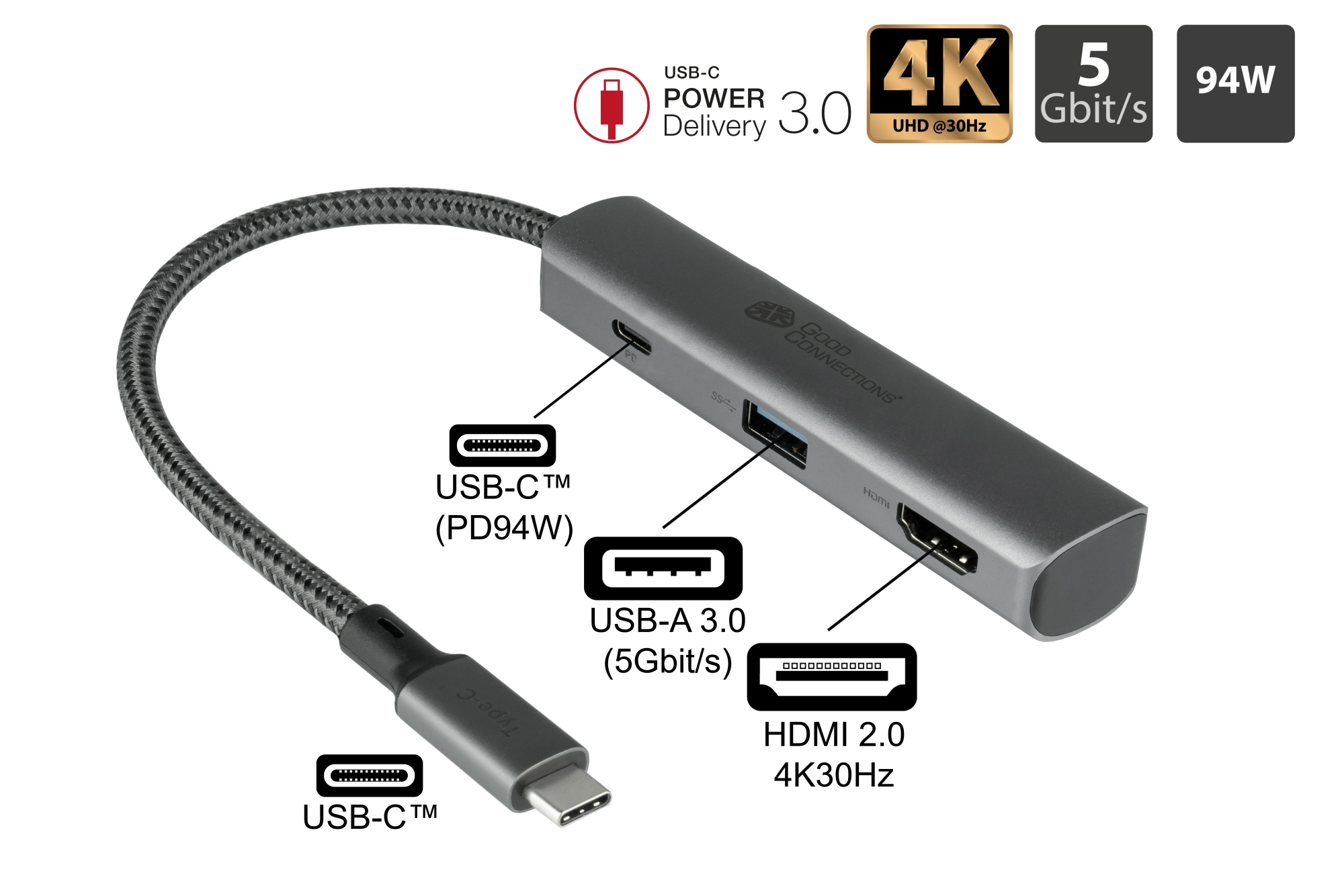 USB-C™-Hub (3-Port), 1x HDMI 2.0, 1x USB-C™ (PD 94W), USB 3.0 A, anthracite, Good Connections®