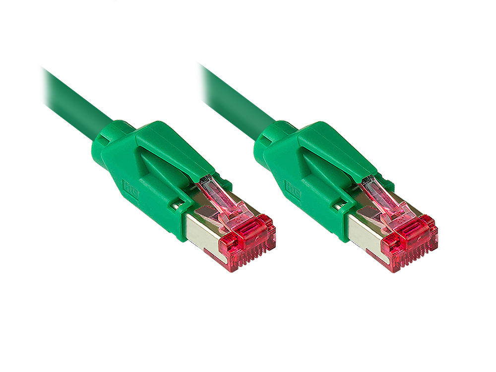 Patchkabel mit Cat. 7 Draka UC900 Rohkabel (900MHz) und Hirose TM21 Stecker (250MHz) beidseitig, S/FTP, PiMF, halogenfrei (LSZH), KUPFER, grün, 20m