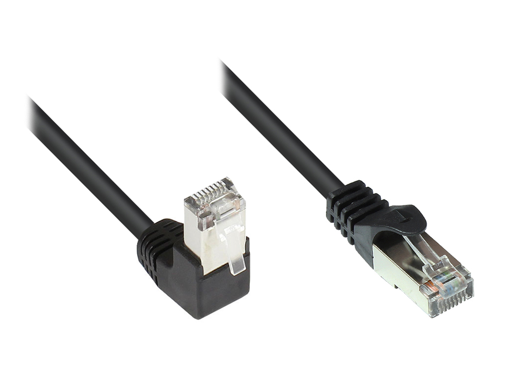 Patchkabel, Cat. 5e, F/UTP, 1x 90° nach unten gewinkelt an 1x gerade, schwarz, 2m, Good Connections®