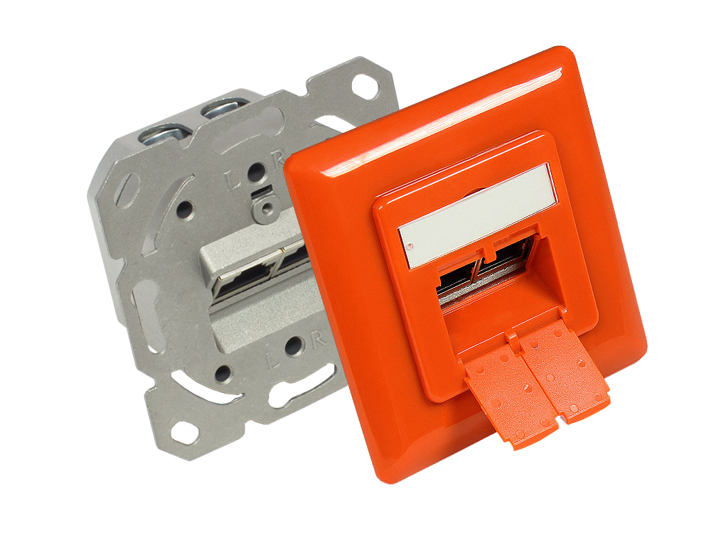 Netzwerkdose Cat. 6, 2xRJ45, geschirmt, Unterputzdose, inkl. Zentralstück und Abdeckrahmen, reinorange RAL2004, Good Connections