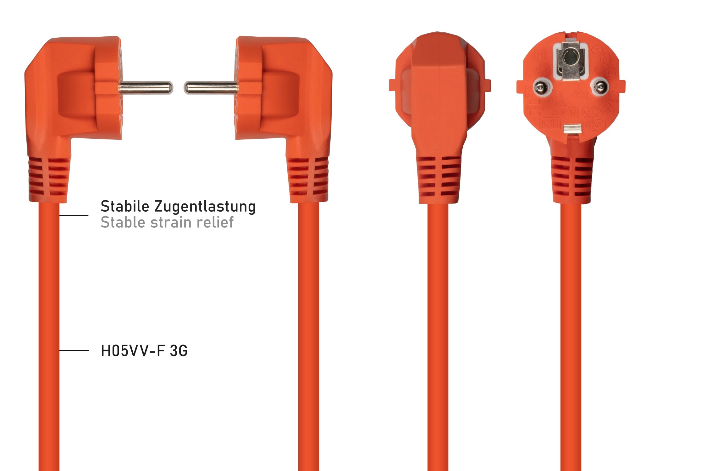 kabelmeister® Netzkabel Schutzkontakt-Stecker Typ E+F (90° gew.) an Kaltgeräte-Buchse C13, orange, 1,00mm², 3m