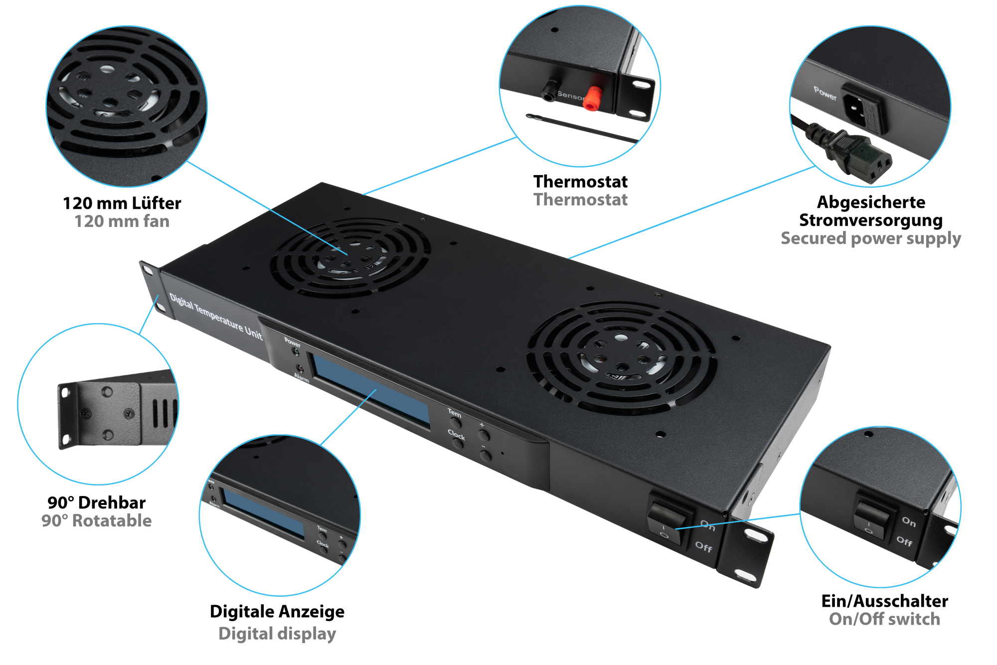 19" Digital fan unit with two fans, thermostat and alarm function, Good Connections®