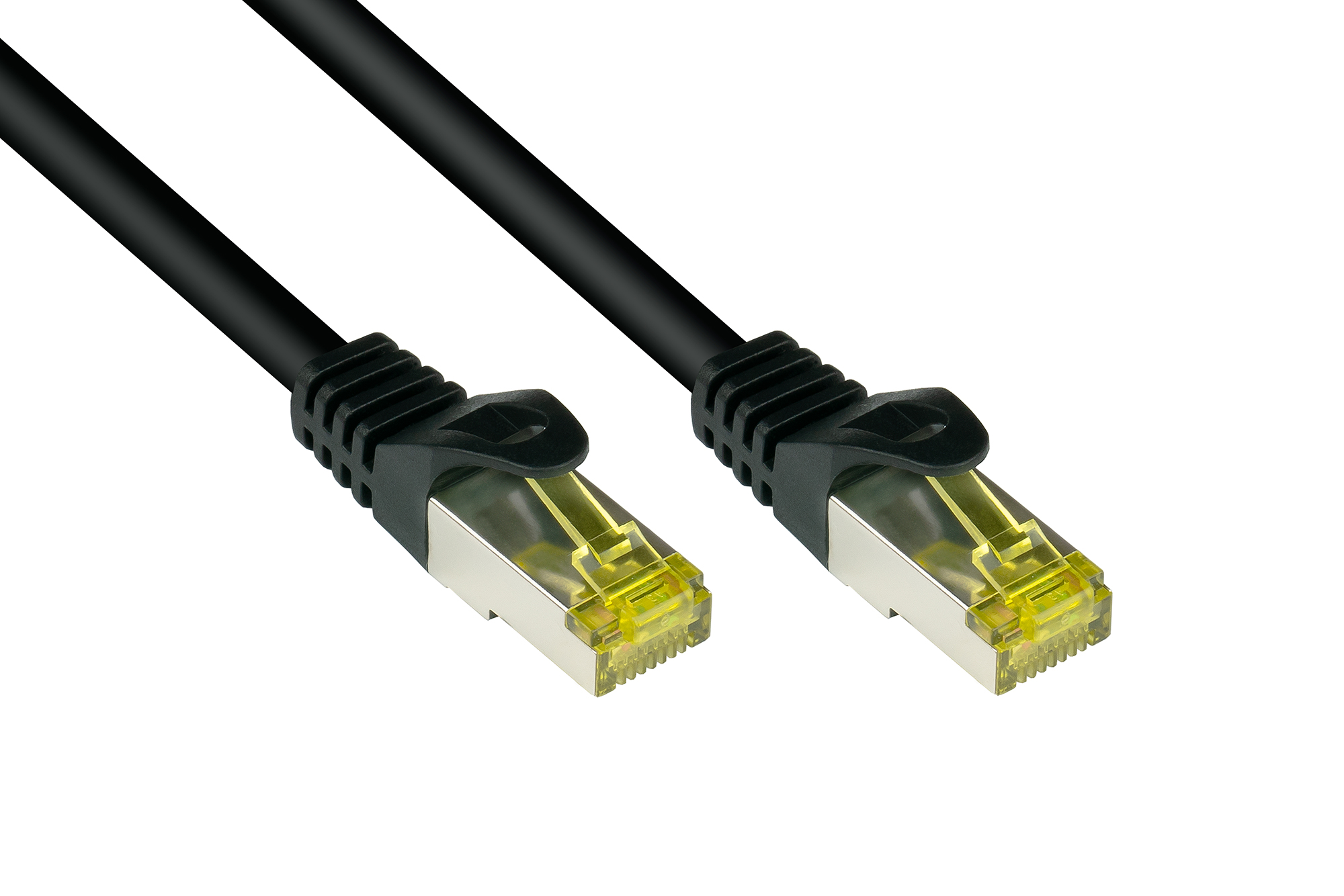 RJ45 Patchkabel mit Cat. 7 Rohkabel und Rastnasenschutz (RNS®), S/FTP, PiMF, halogenfrei, 500MHz, OFC, schwarz, 0,5m, Good Connections®