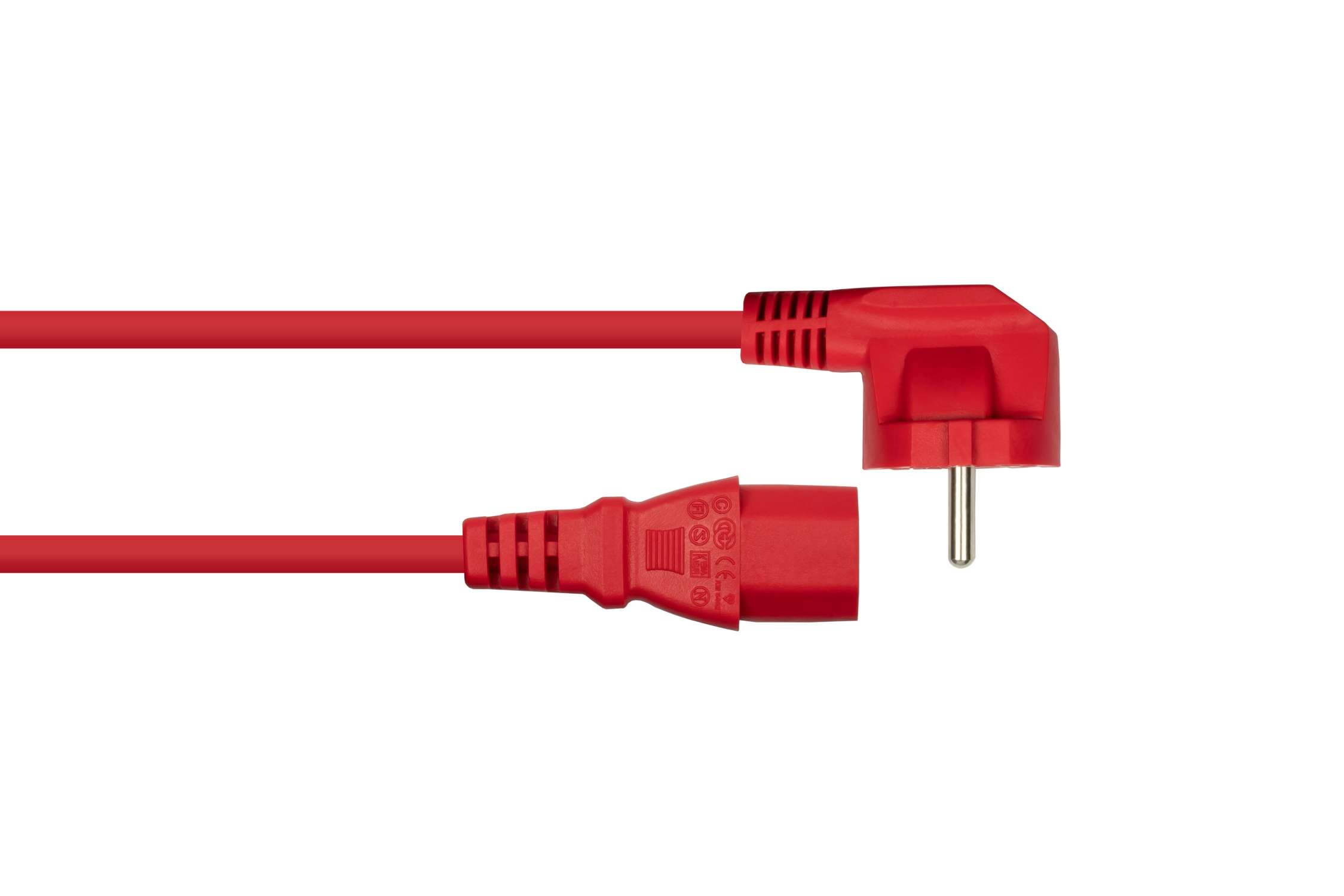 kabelmeister® Netzkabel Schutzkontakt-Stecker Typ E+F (90° gew.) an Kaltgeräte-Buchse C13, rot, 1,00mm², 3m