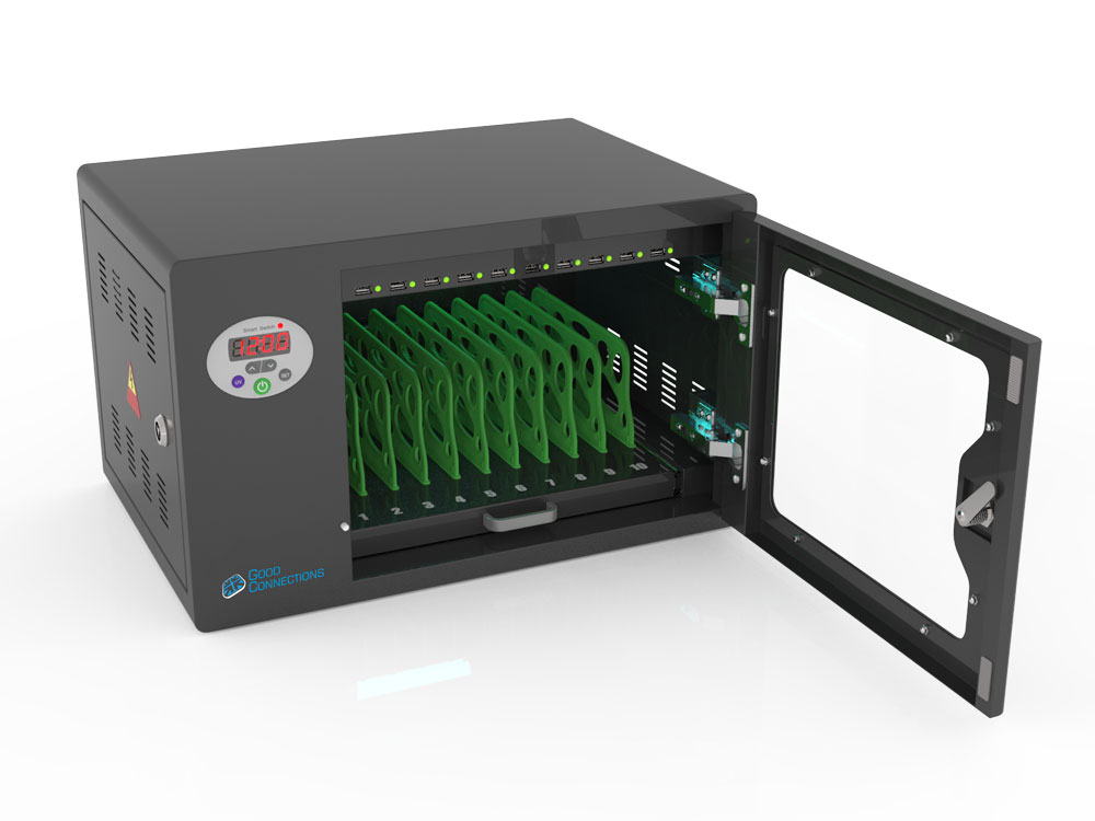 Tablet charging cart / charging cabinet for 10 devices, UV-C disinfection, Smart Control, sync function for iOS/Android, black, Good Connections®
