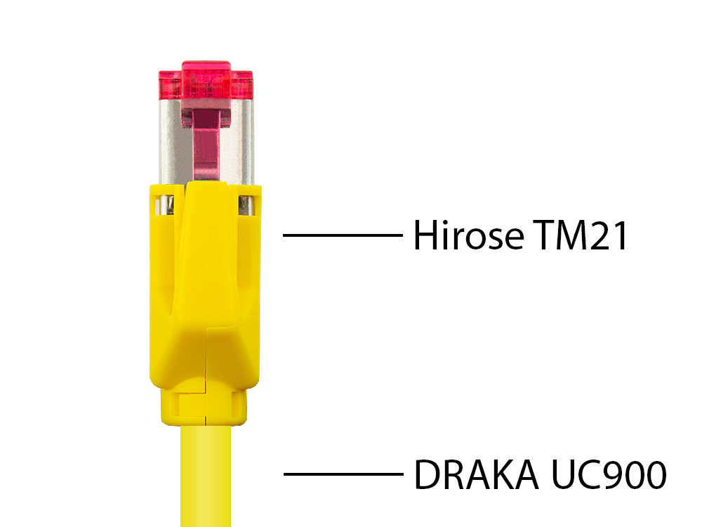 Patchkabel mit Cat. 7 Draka UC900 Rohkabel (900MHz) und Hirose TM21 Stecker (250MHz) beidseitig, S/FTP, PiMF, halogenfrei (LSZH), KUPFER, gelb, 5m