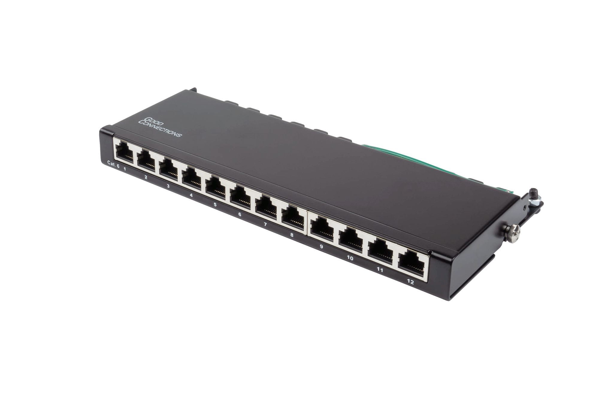 Patch Panel Desktop Cat. 6, 12-port, 0,5 U, STP shielded, toolless opening, deep black (RAL9005), Good Connections®