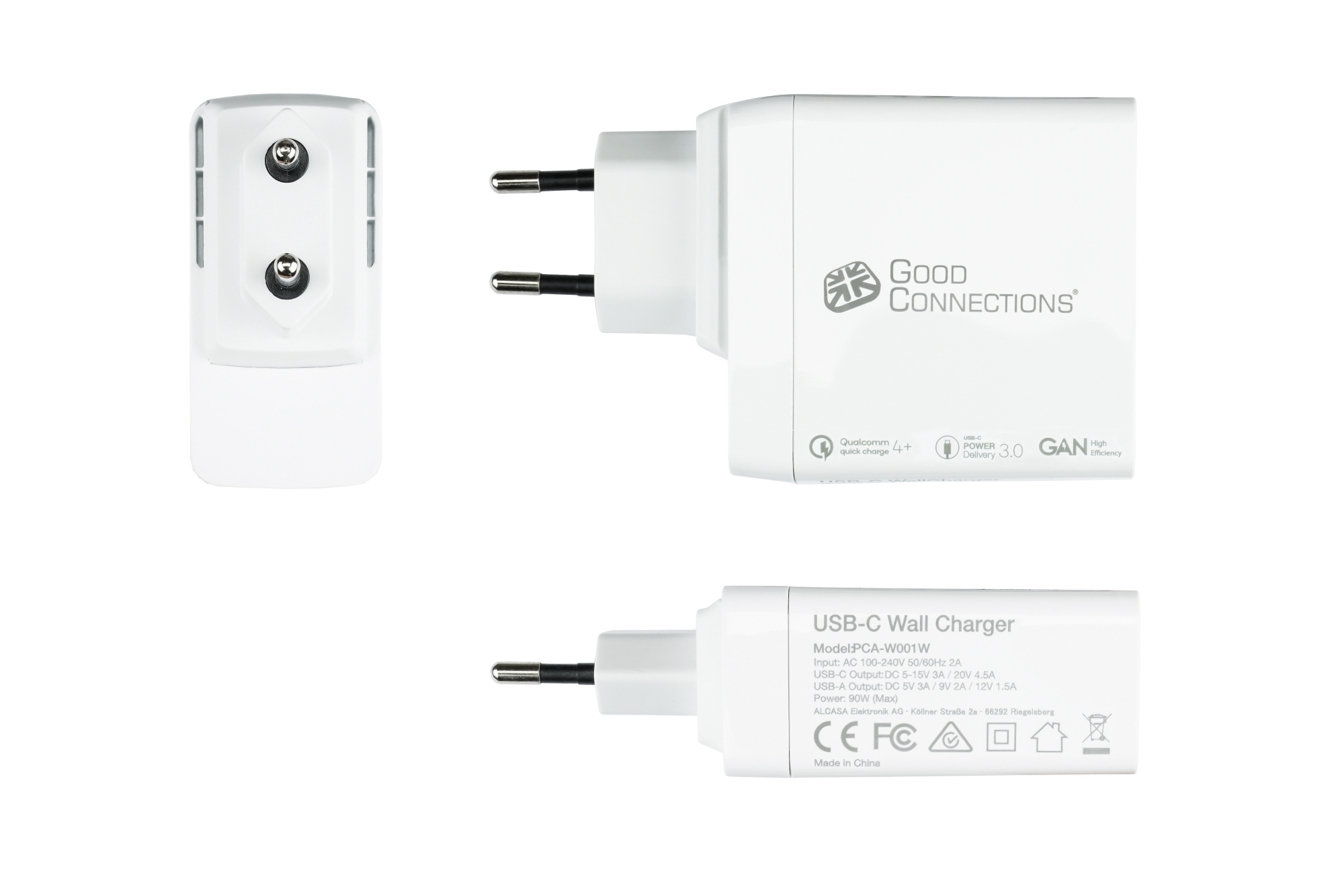 USB fast charger 100W with GaN technology, 3-port (2x USB-C™ and 1x USB-A), PD 3.0, QC 4+, white, Good Connections®