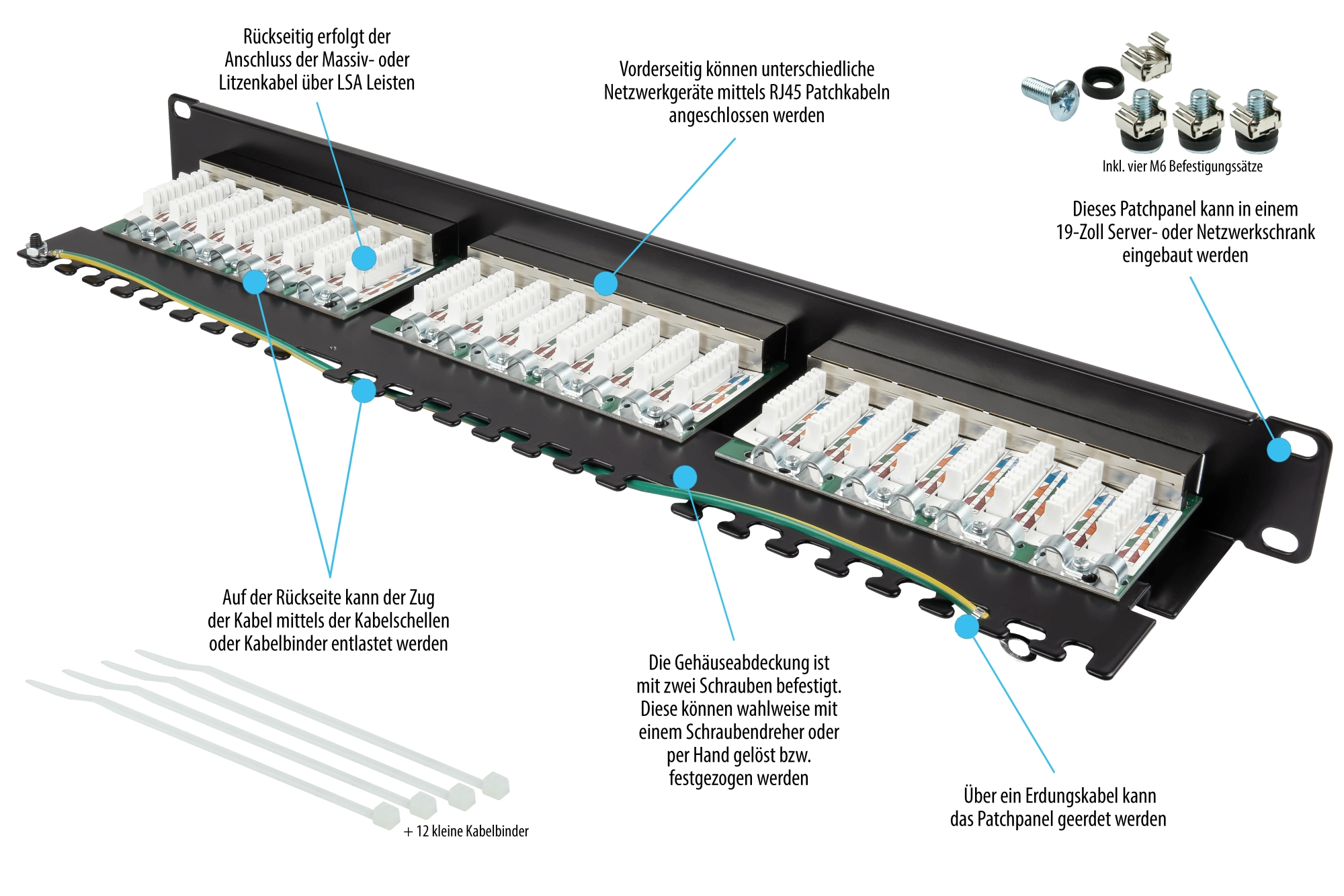 Patch Panel 19" Cat. 6, 24-port, 1 U, STP shielded, toolless opening, deep black (RAL9005), Good Connections®