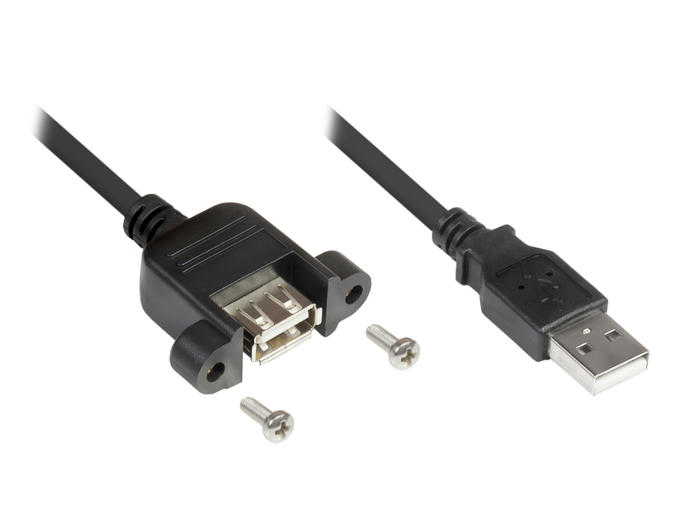 Extension cable USB 2.0 plug A to panel socket A, CU, black, 3m, Good Connections®