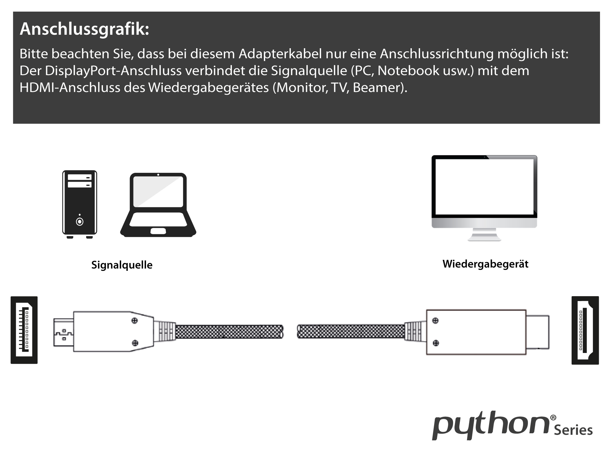 Anschlusskabel DisplayPort 1.4 an HDMI 2.0, 4K / UHD @60Hz, Vollmetallstecker, vergoldete Kontakte, OFC, Nylongeflecht schwarz, 2m, PYTHON® Series