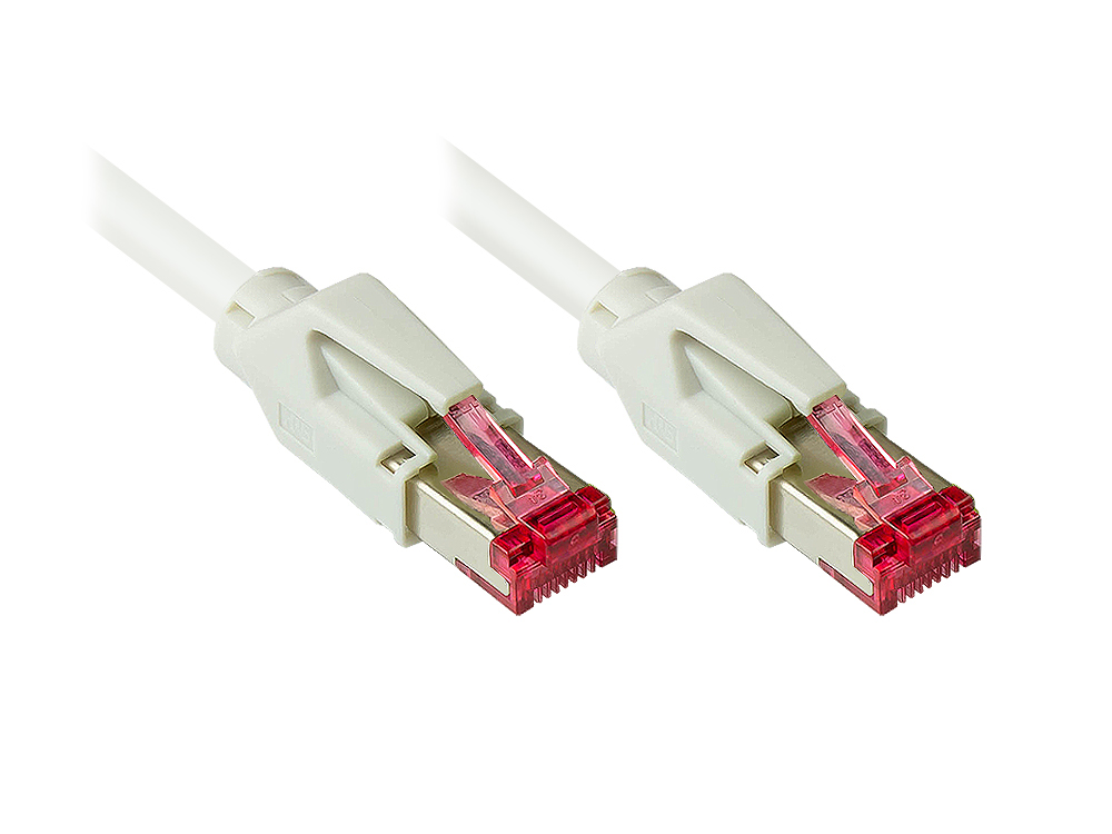 Patchkabel mit Cat. 7 Draka UC900 Rohkabel (900MHz) und Hirose TM21 Stecker (250MHz) beidseitig, S/FTP, PiMF, halogenfrei (LSZH), KUPFER, weiß, 14m