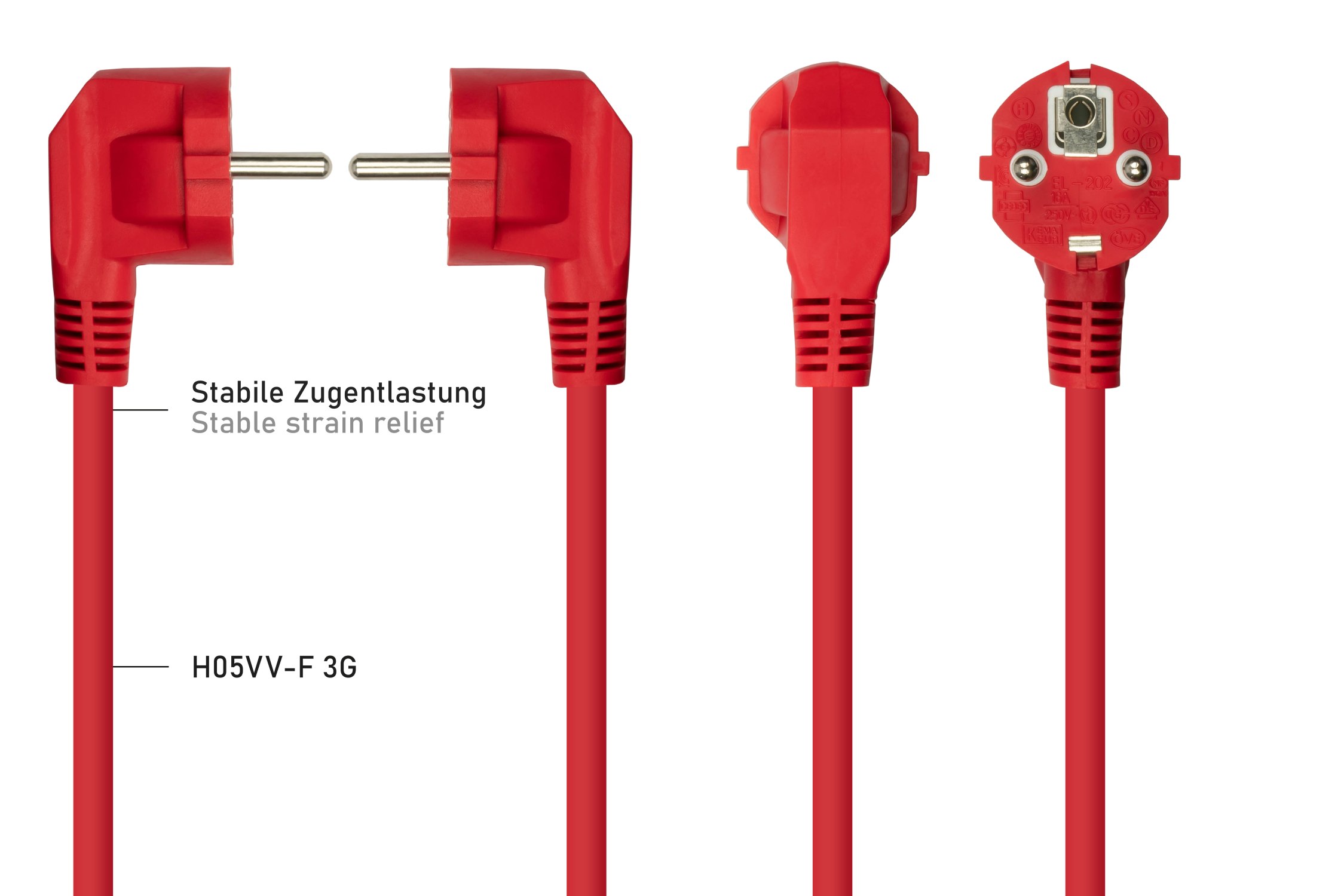 kabelmeister® Netzkabel Schutzkontakt-Stecker Typ E+F (90° gew.) an Kaltgeräte-Buchse C13, rot, 1,00mm², 3m