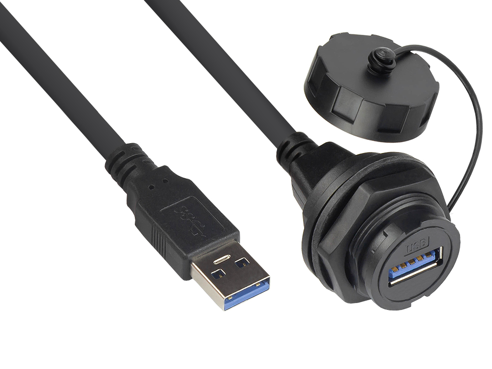 Industrial Connector S4 - USB 3.0 cable, plug A to mounting panel socket A with cable gland, bayonet, IP67, black, 1m, Good Connections®