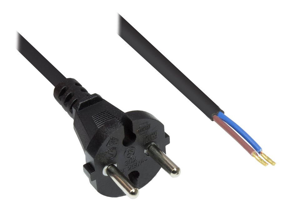 Netzkabel Konturenstecker gerade an abisolierten Enden, schwarz, 7,5m, Good Connections®