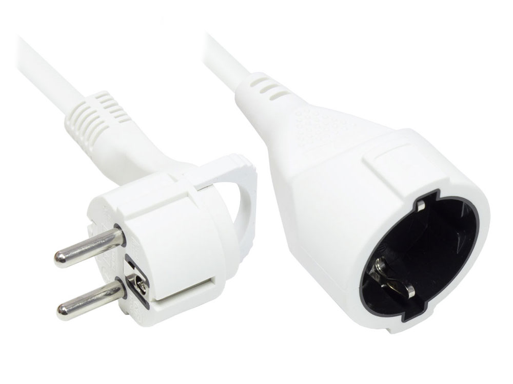 Verlängerung Schutzkontakt-Flachstecker Typ E+F (CEE 7/7, gewinkelt) an Buchse Typ F (CEE 7/3, gerade), weiß, 1,50 mm², 5 m, Good Connections®