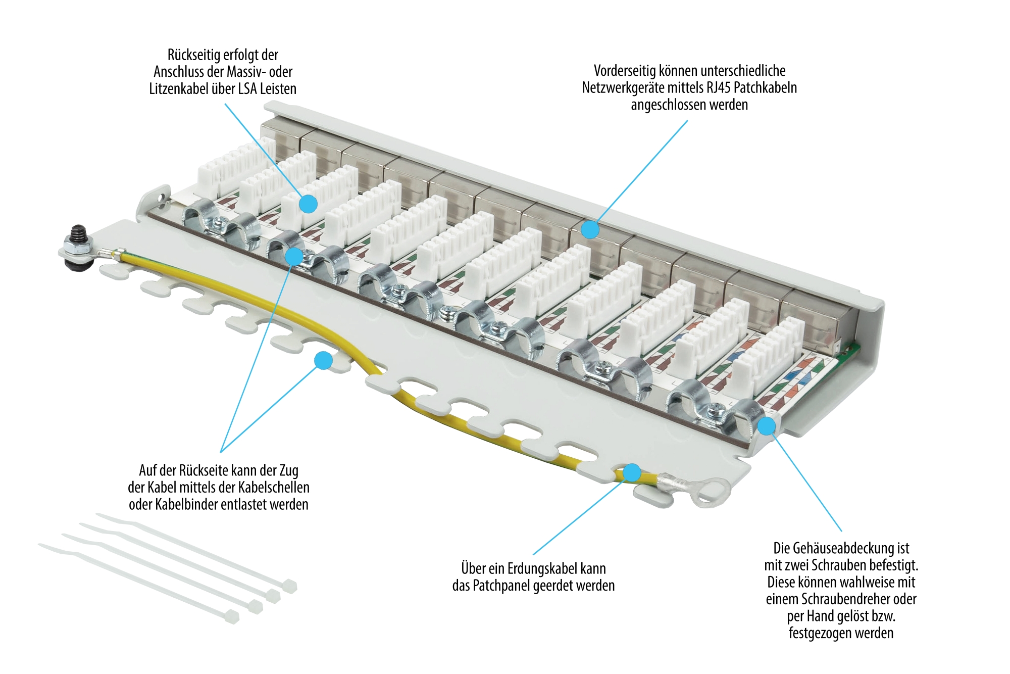 Patch Panel Desktop Cat. 6A, 12-port, 0,5 U, STP shielded, toolless opening, light grey (RAL7035), Good Connections®