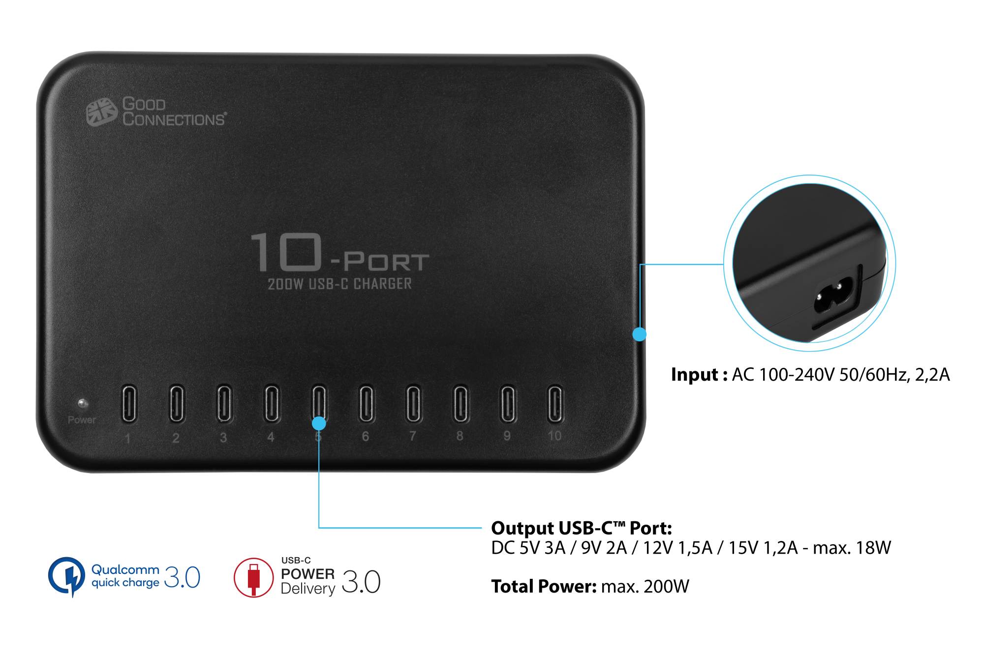 USB desktop fast charging station 200W, 10-port (10x USB-C™), black, Good Connections®