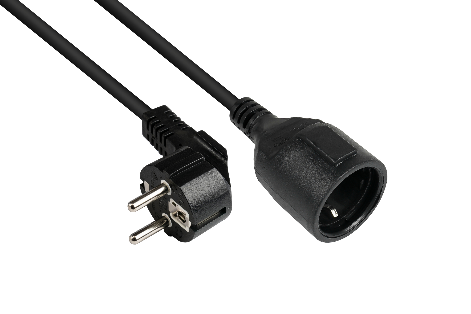Power cord extension Safety-plug Typ E+F (CEE 7/7, angled) to Safety-socket Typ F (CEE 7/3, straight), black, 1,50 mm², 3 m, Good Connections®