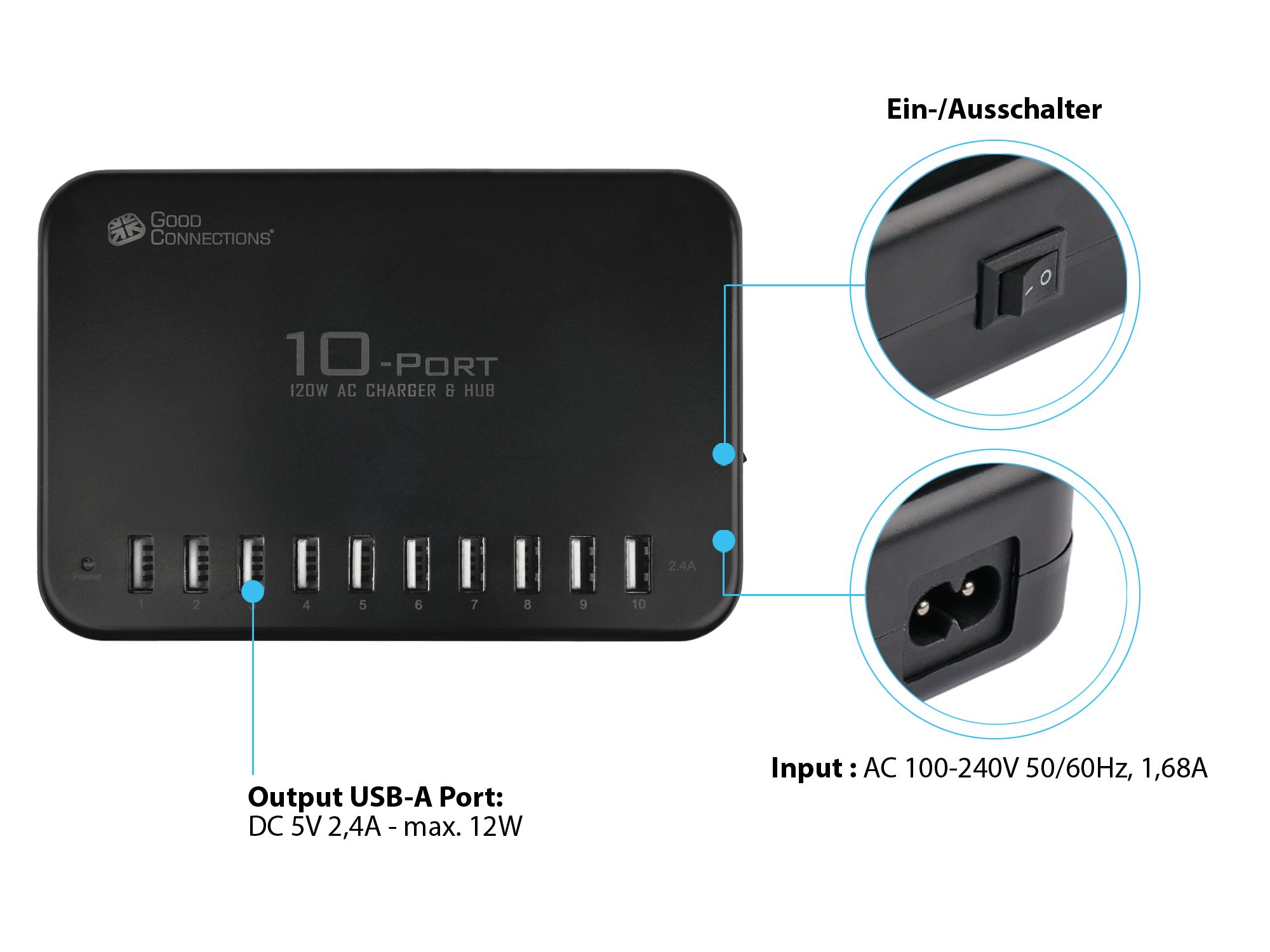 USB desktop fast charging station 120W, 10-port (10x USB-A), black, Good Connections®