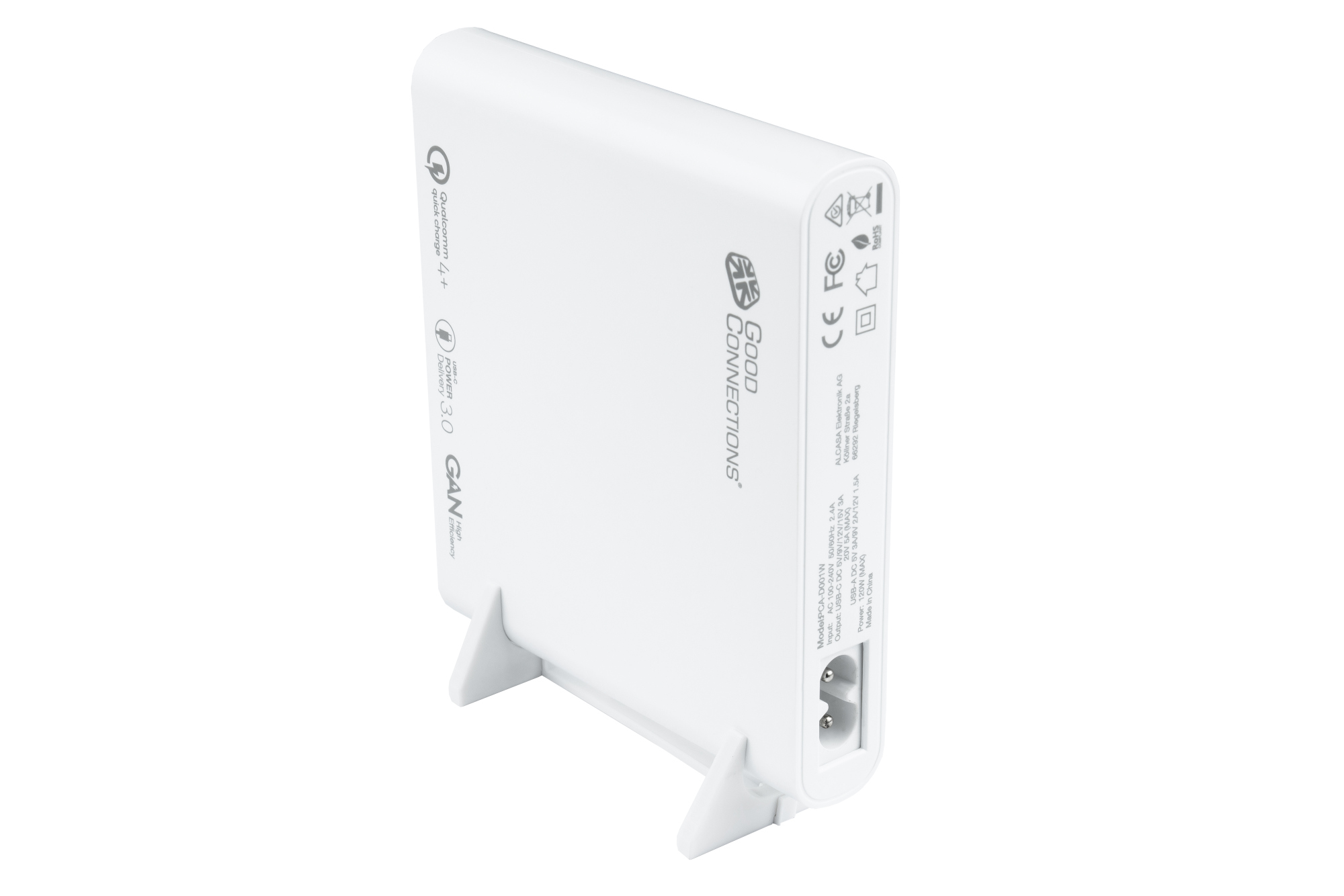 USB desktop fast charging station 120W with GaN technology, 4-port (2x USB-C™ and 2x USB-A), PD 3.0, QC 4+, white, Good Connections®