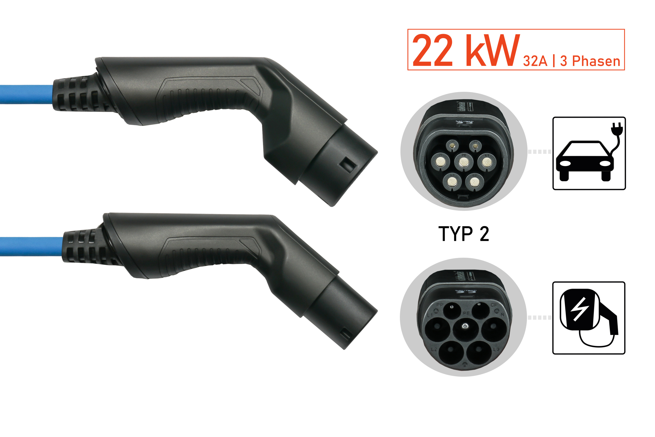 kabelmeister® Type 2 charging cable for electric and hybrid vehicles, 3-phase, 32 A, 22 kW, blue, 10m