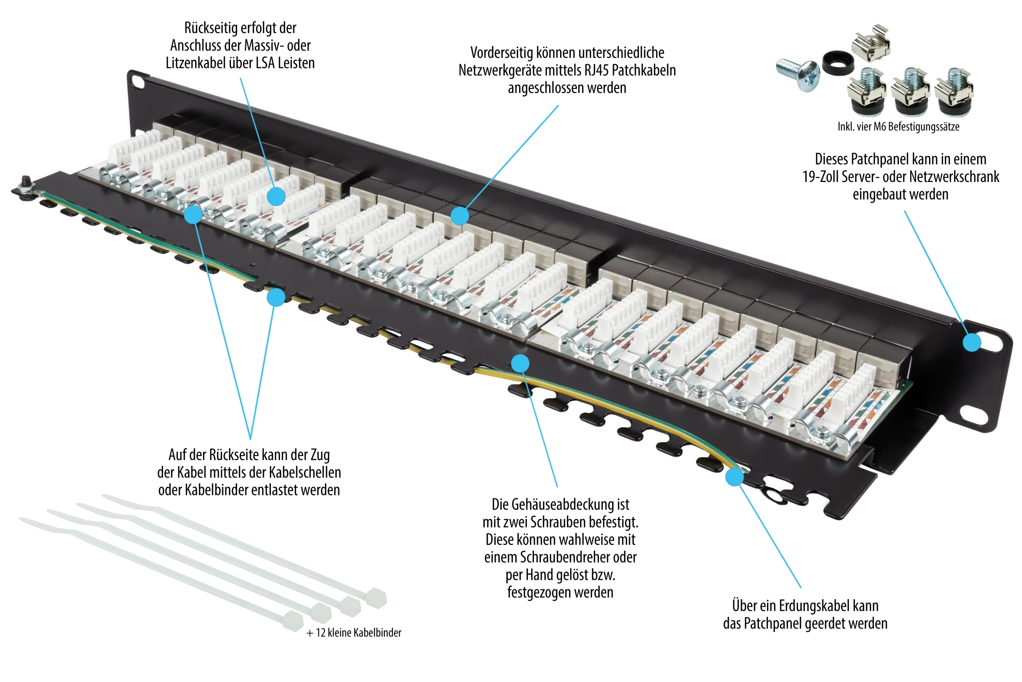 Patch Panel 19" Cat. 6A, 24-port, 1 U, STP shielded, toolless opening, deep black (RAL9005), Good Connections®