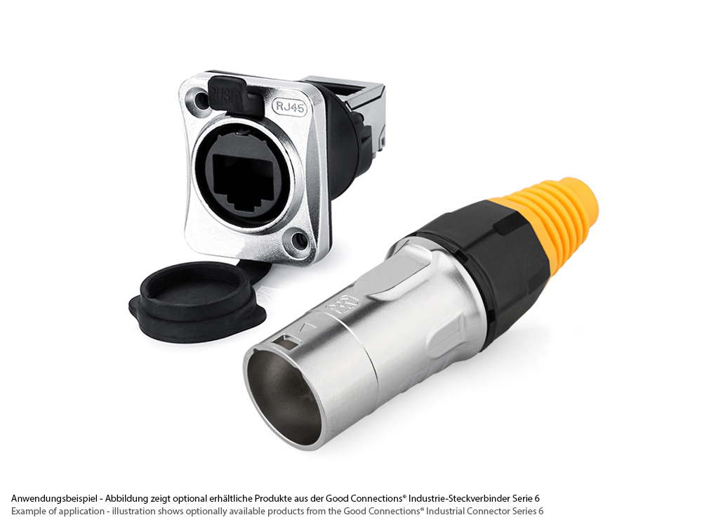 Industrial connector S6 - RJ45 feed-through coupling with click lock, RJ45 socket on both sides, angled at the top, metal, M24, Good Connections®