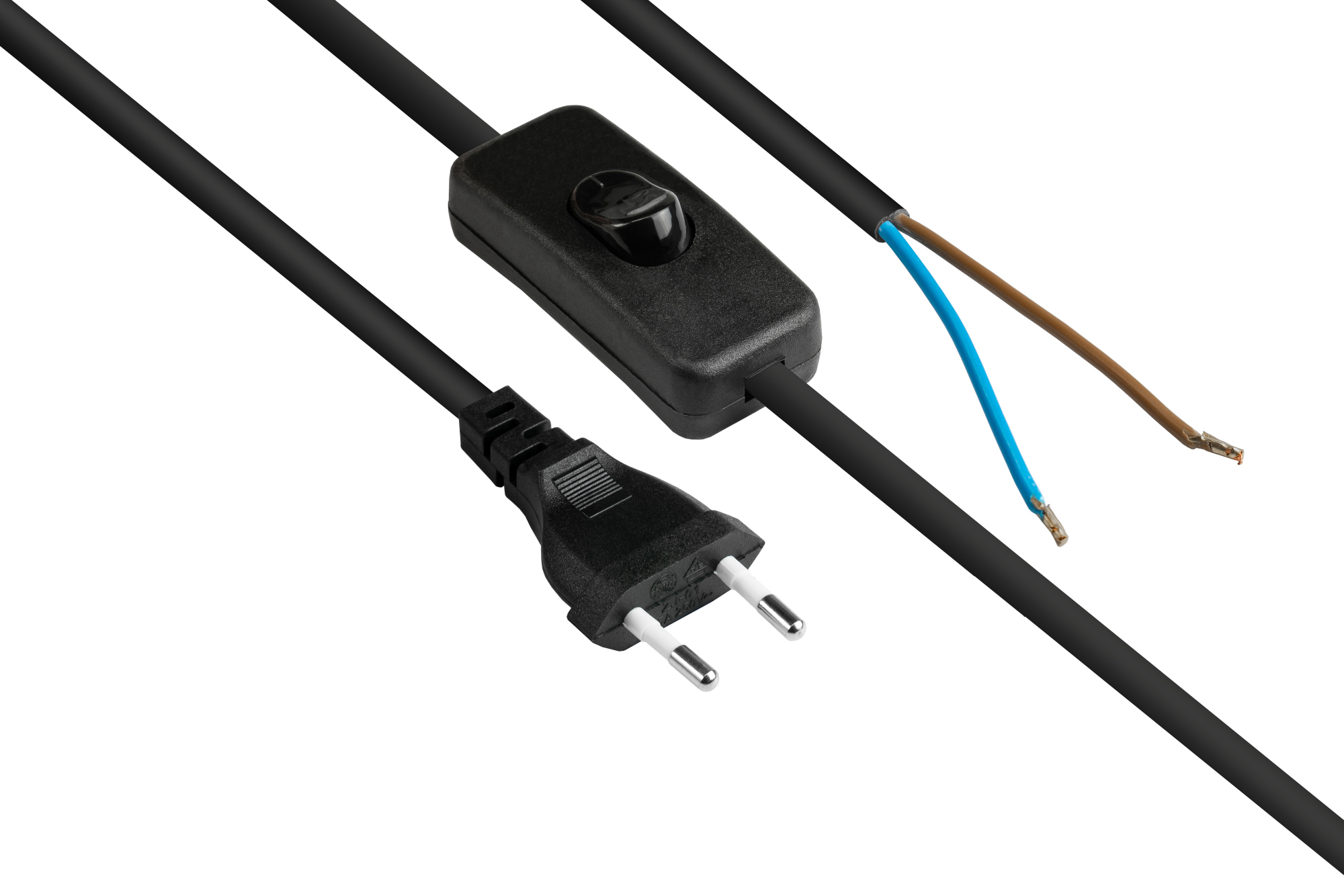 Euro-Netzkabel Euro-Stecker Typ C (gerade) an abisolierte Enden, mit Schalter, schwarz, 0,75 mm², 1,5 m, Good Connections®