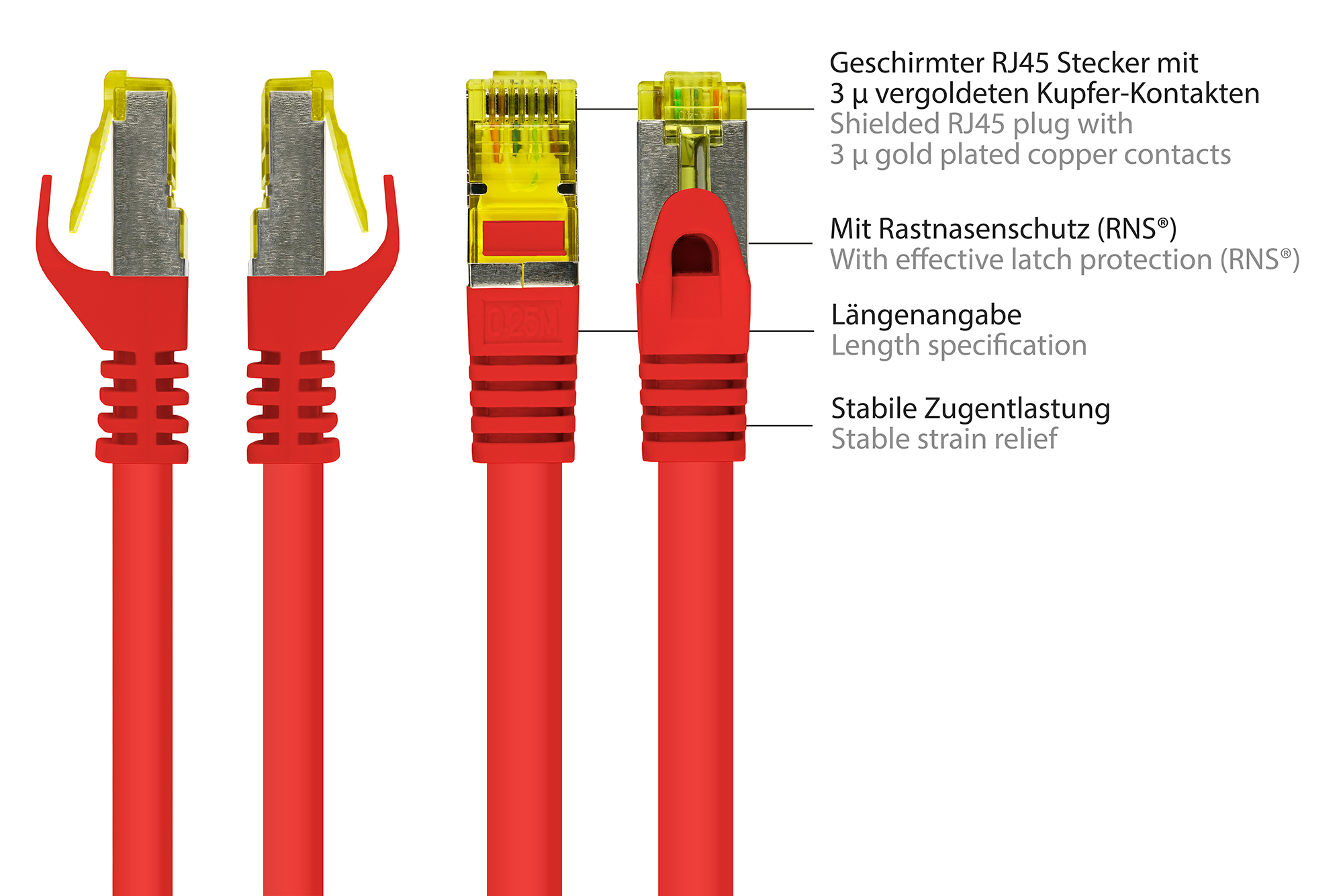 RJ45 Patchkabel mit Cat. 7 Rohkabel und Rastnasenschutz (RNS®), S/FTP, PiMF, halogenfrei, 500MHz, OFC, rot, 0,25m, Good Connections®