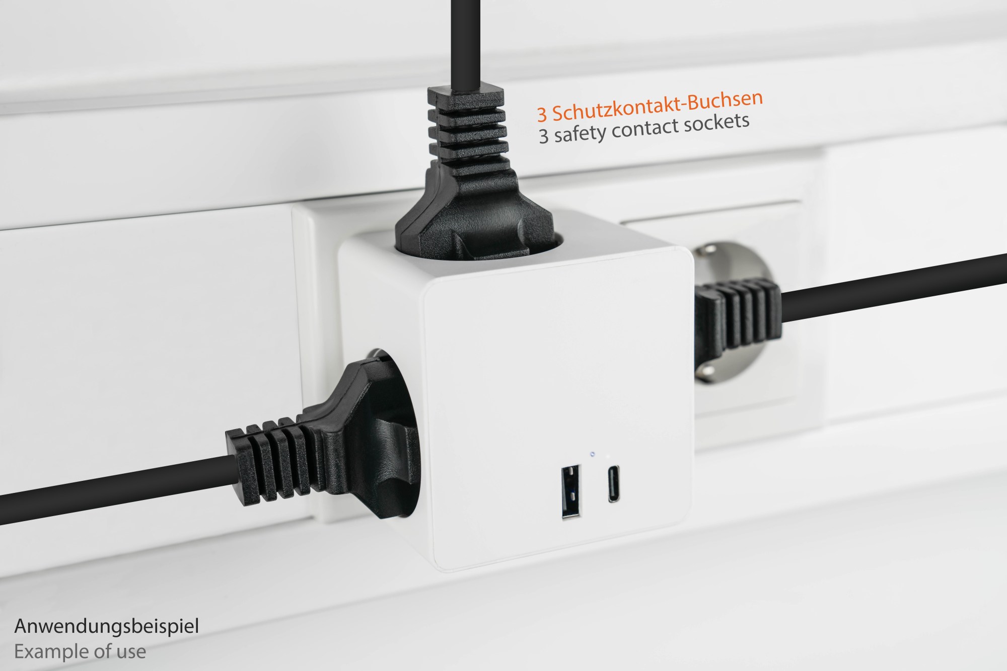 Steckdosenwürfel mit 3x Schutzkontakt-Buchse, USB-C™ (20W, PD 3.0) und USB-A Buchse (18W), weiß