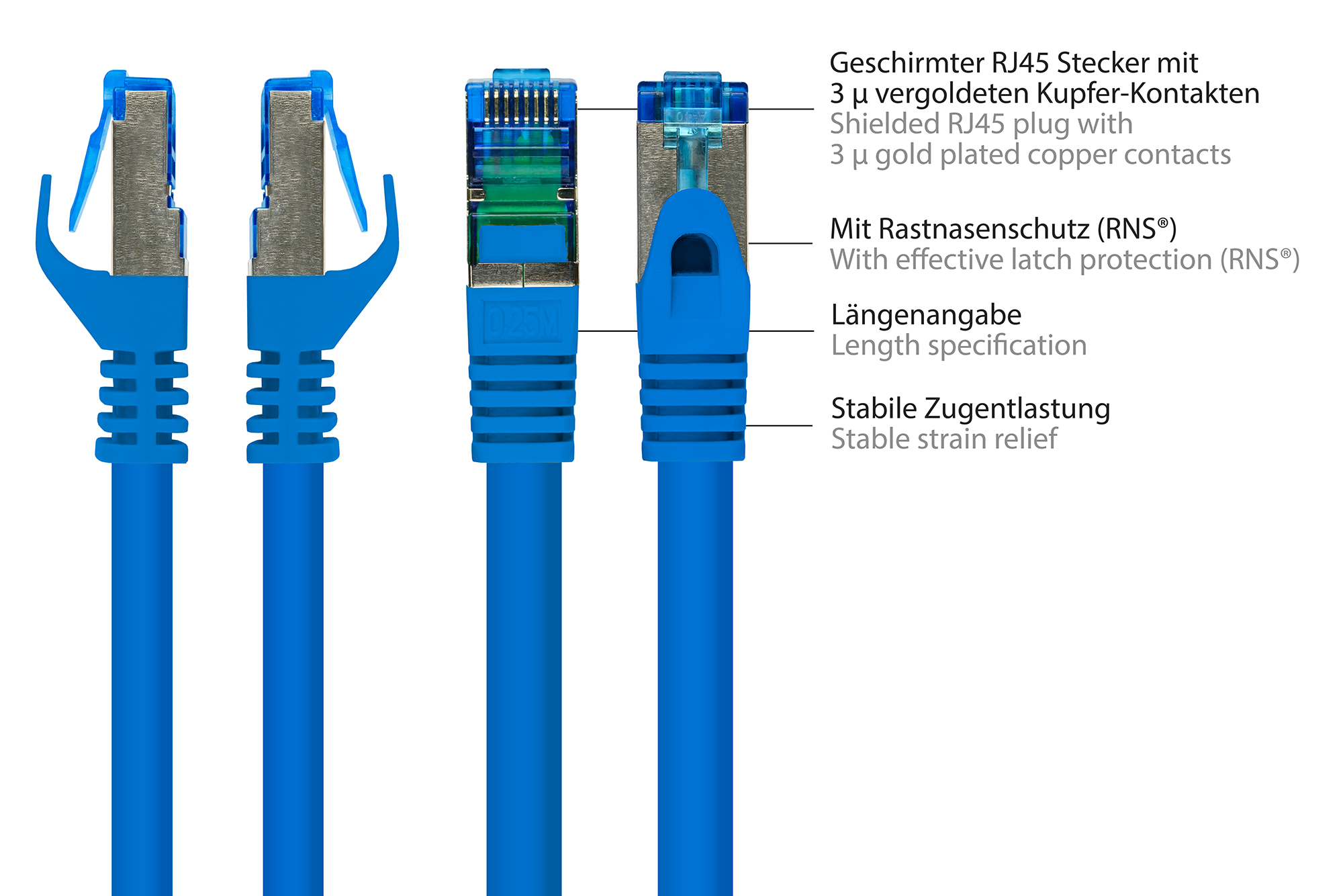 RNS® Patchkabel mit Rastnasenschutz, Cat. 6A, S/FTP, PiMF, halogenfrei, 500MHz, blau, 0,5m, Good Connections®