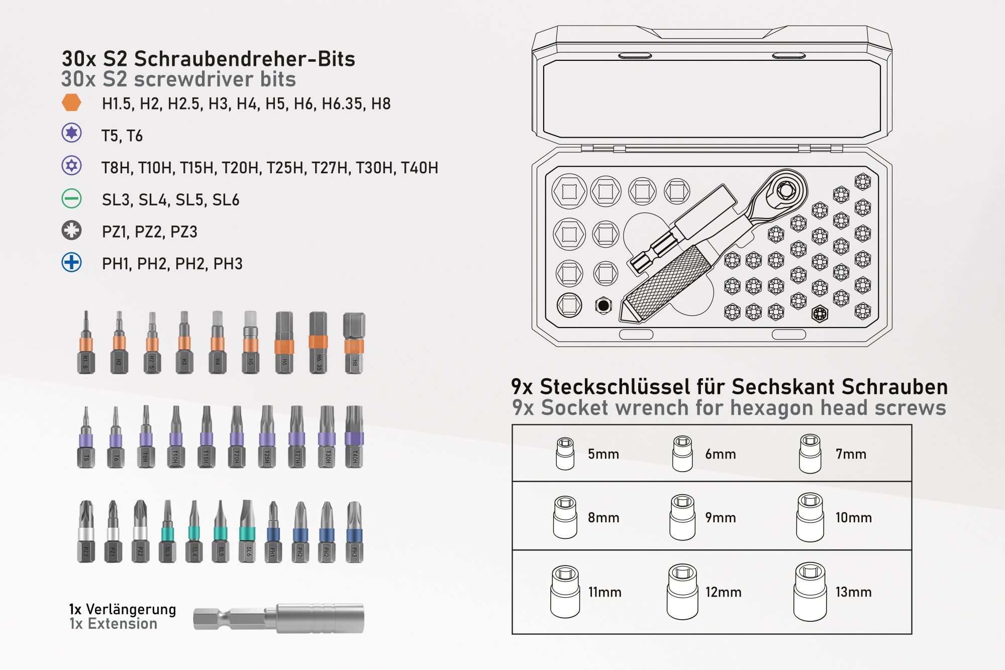 kabelmeister® ratchet set, 42 pieces, including 30 bits and 9 socket wrenches