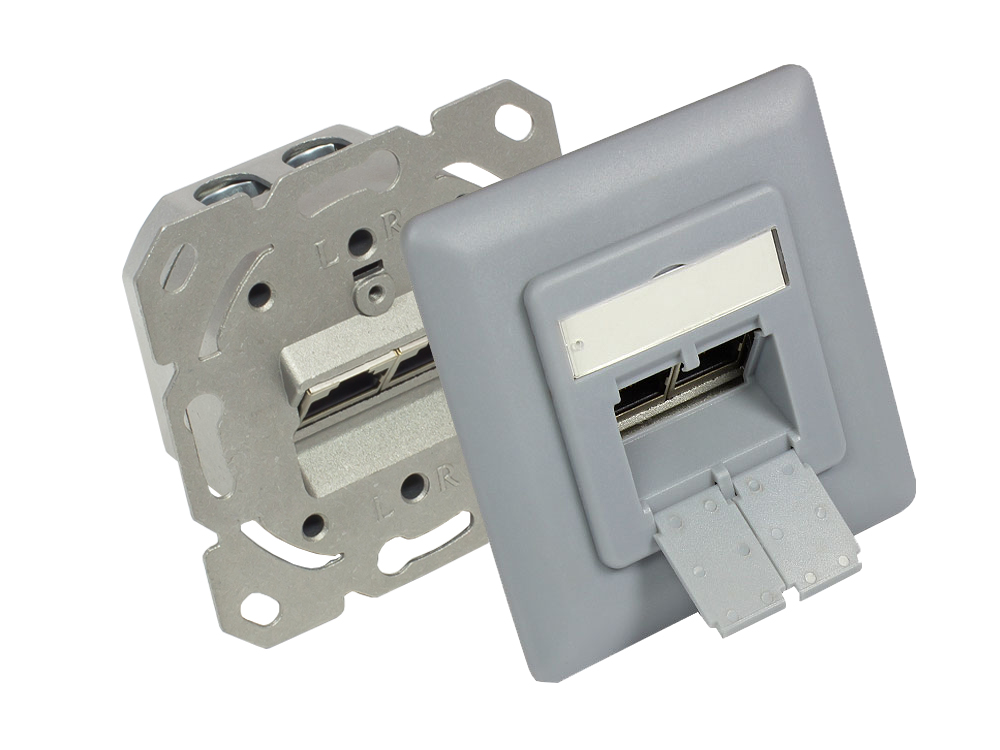 Netzwerkdose Cat. 6A, 2xRJ45, geschirmt, Unterputzdose, inkl. Zentralstück und Abdeckrahmen, silbergrau (matt) RAL7001, Good Connections