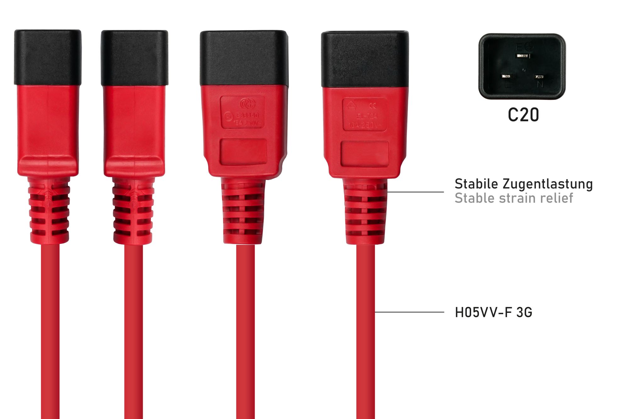 kabelmeister® Kaltgeräteverlängerung Kaltgeräte-Stecker C20 an Kaltgeräte-Buchse C19, rot, 1,50mm², 2 m