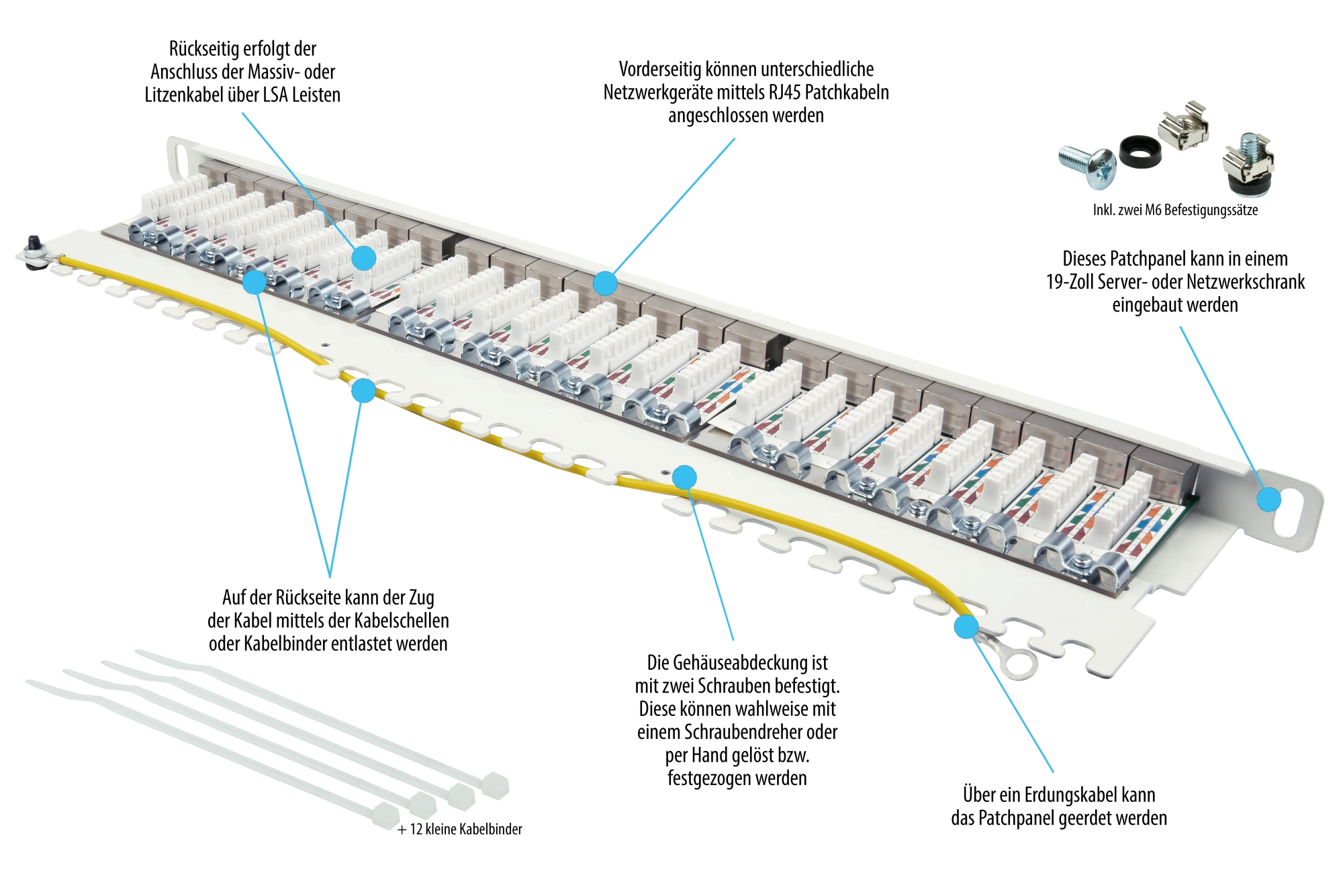 Patch Panel 19" Cat. 6A, 24-port, 0,5 U, STP shielded, toolless opening, pure white (RAL9010), Good Connections®